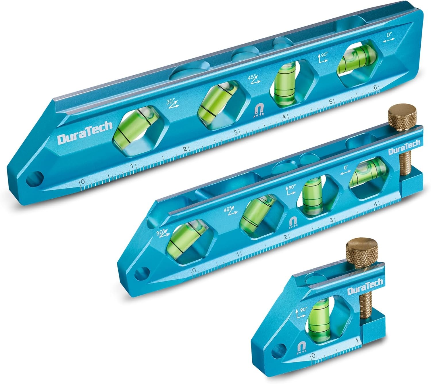 DURATECH 3-Piece Level Tool Set, Magnetic Torpedo Level with V-Groove | 2.5″, 6.25″, 8″ Leveler with 0°/30°/45°/90° Bubbles, Large Viewing Window, Aluminium Alloy Construction, SAE and Metric Scale