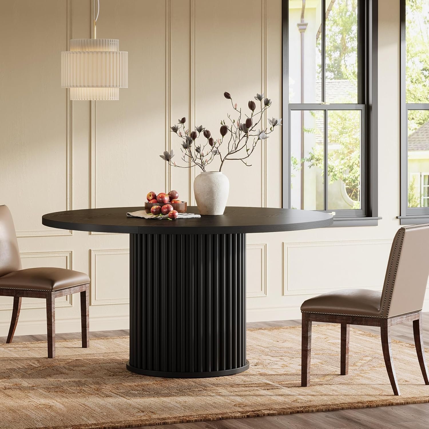 Tribesigns 47.24″ Black Round Dining Table for 4-6 People | Modern Fluted MDF + Metal Base Kitchen Table, Sturdy Circle Dining Room Furniture, Easy Assembly, Black