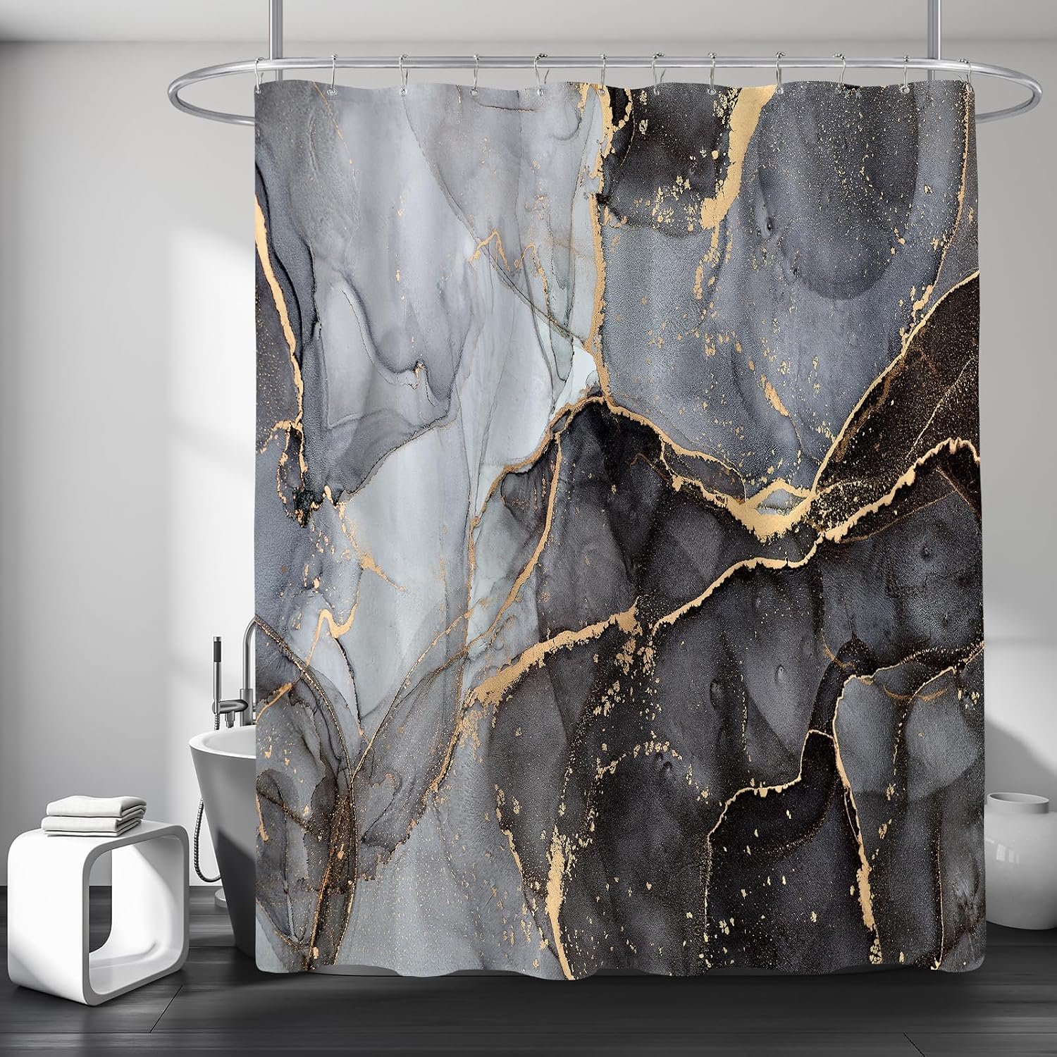 Black Grey Marble Modern Abstract Fabric Shower Curtains for Bathroom 72×72 | Dark Luxury Art Decor Ink Marble Texture Watercolor Shower Curtain Set with Hooks
