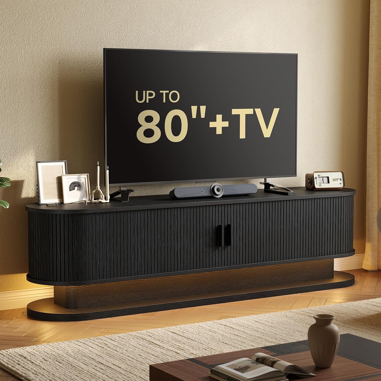 70″ TV Stand up to 80 Inch, Entertainment Center with LED Lights and Storage, Mid Century Modern Fluted TV Console with Power Outlet, Media Console for Living Room Bedroom (Black)