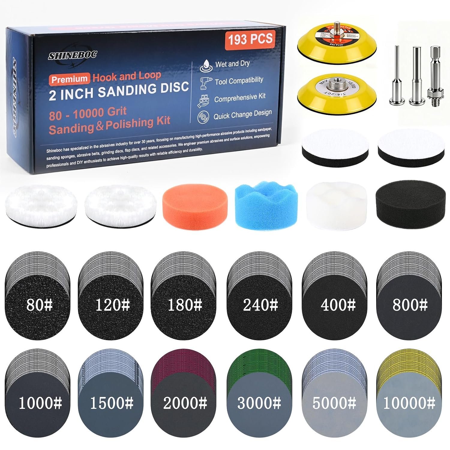 193 Pcs 2 Inch Sanding Discs, Headlight Restoration Polishing Kit | 80-10000 Grit Wet Dry Hook & Loop Sandpaper, Drill Sanding Attachment with Rotary Tools for Auto, Glass & Resin Epoxy