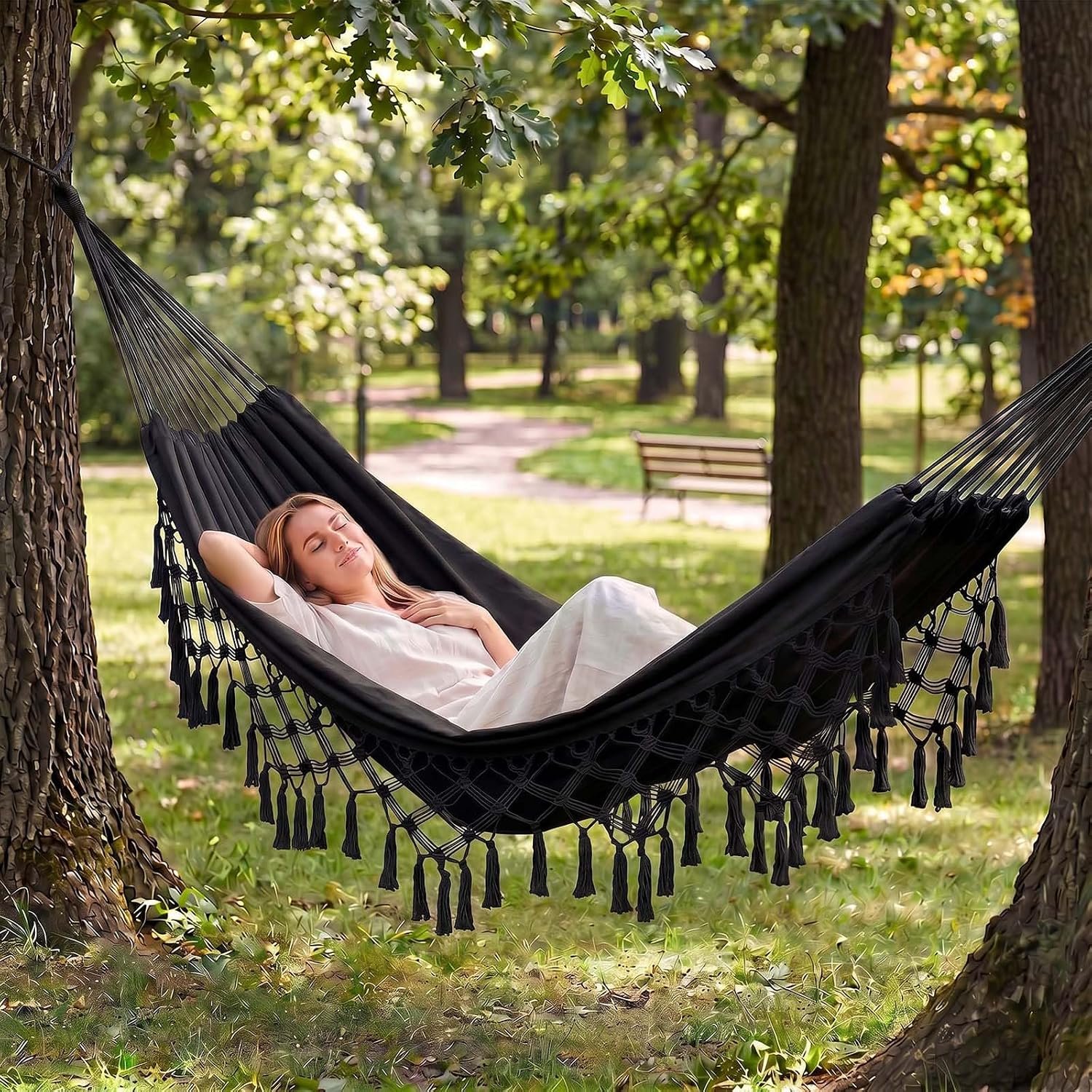 Canvas Tassel Hammock Bohemian Black Double 2-Person — GRSECPO | Bohemian tassel hand-woven cotton canvas double hammock, 550 lbs capacity, outdoor/indoor use