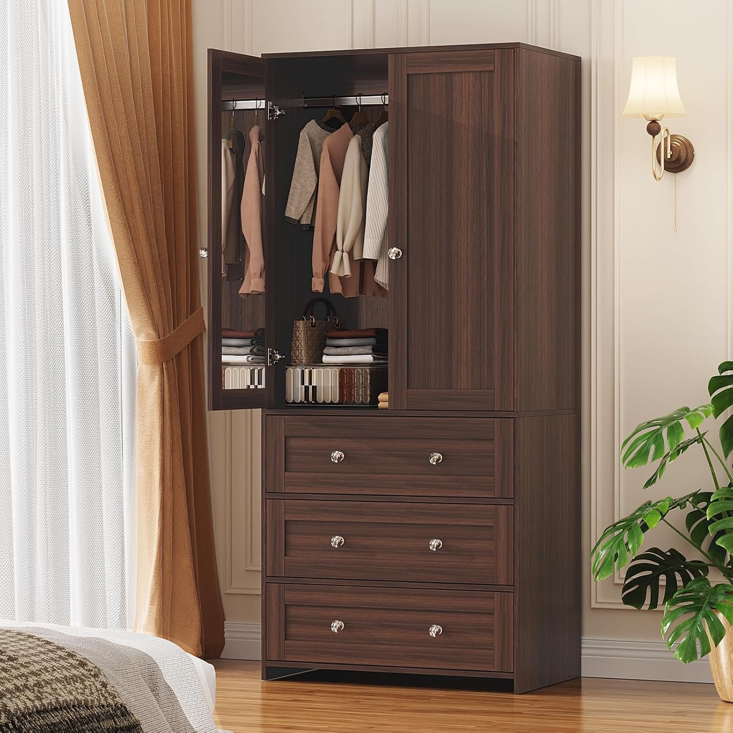VOWNER 71″ Tall Armoire Wardrobe Closet with Drawers and Mirror | Clothing Storage Cabinet with Hanging Rod, 2 Doors Wooden Wardrobe Cabinet for Bedroom, Large Capacity Storage (Walnut)