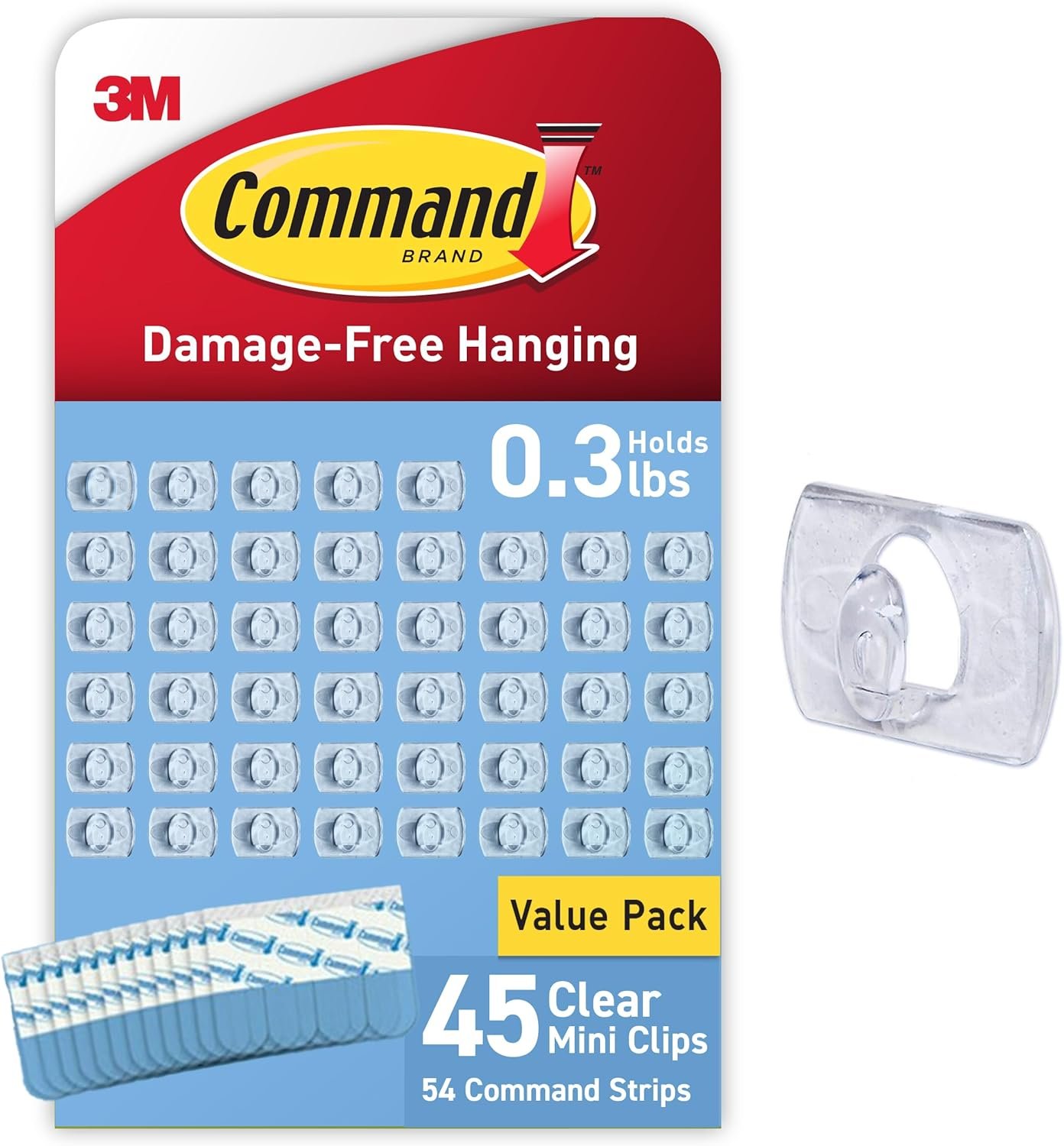 Command Clear Indoor Mini Light Clips Value Pack, 45 Clips, 54 Strips, Damage-Free String Light Hangers for Home, Room, Wall, Office, and Dorm Decor, Great for Cable Management, Holds up to 0.3 lb
