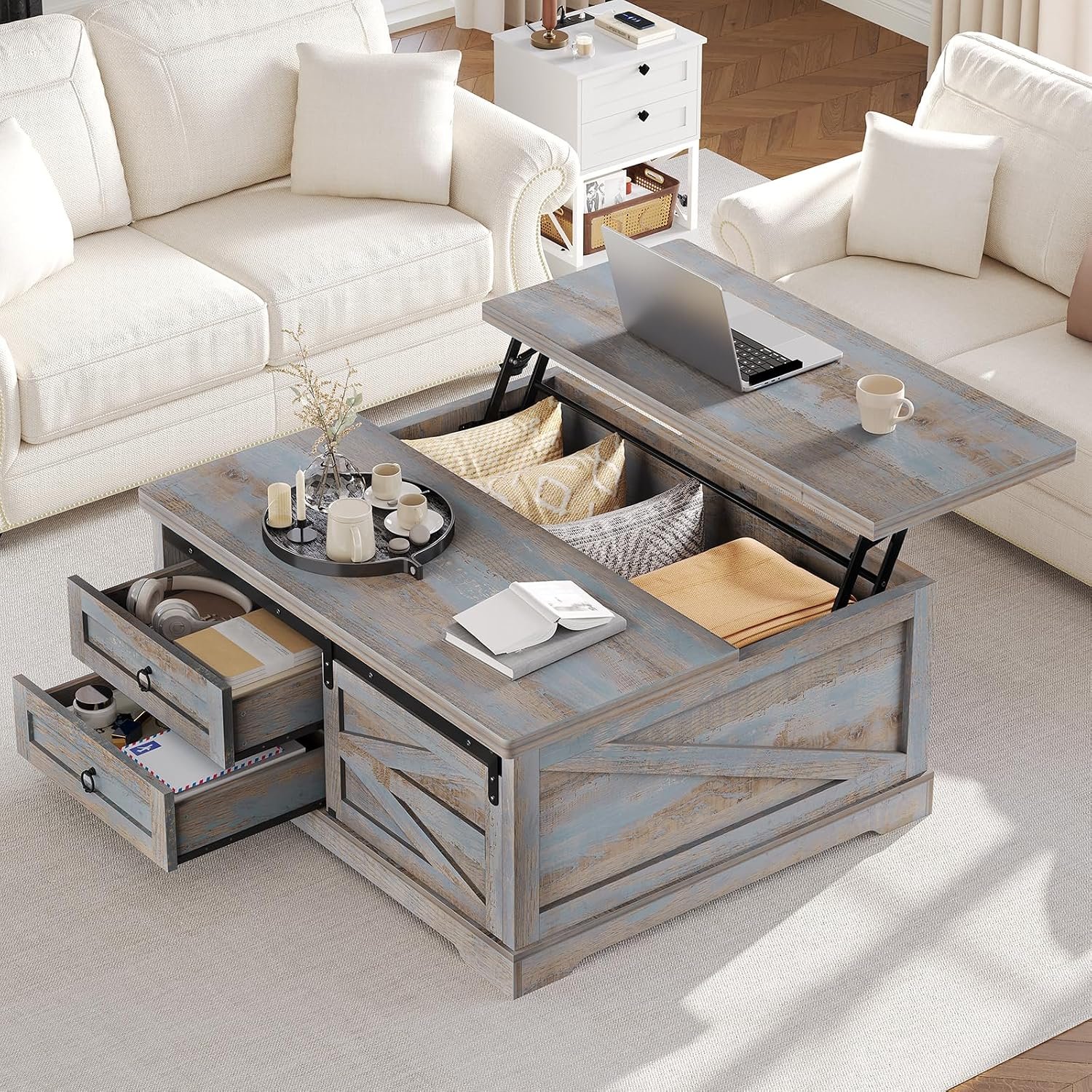 Itaar 39.4” Lift Top Coffee Table with Storage, Farmhouse Coffee Tables for Living Room, Square Coffee Table with Large Hodden Compartment & 2 Drawrs & Adjustables Shelves (Blue)