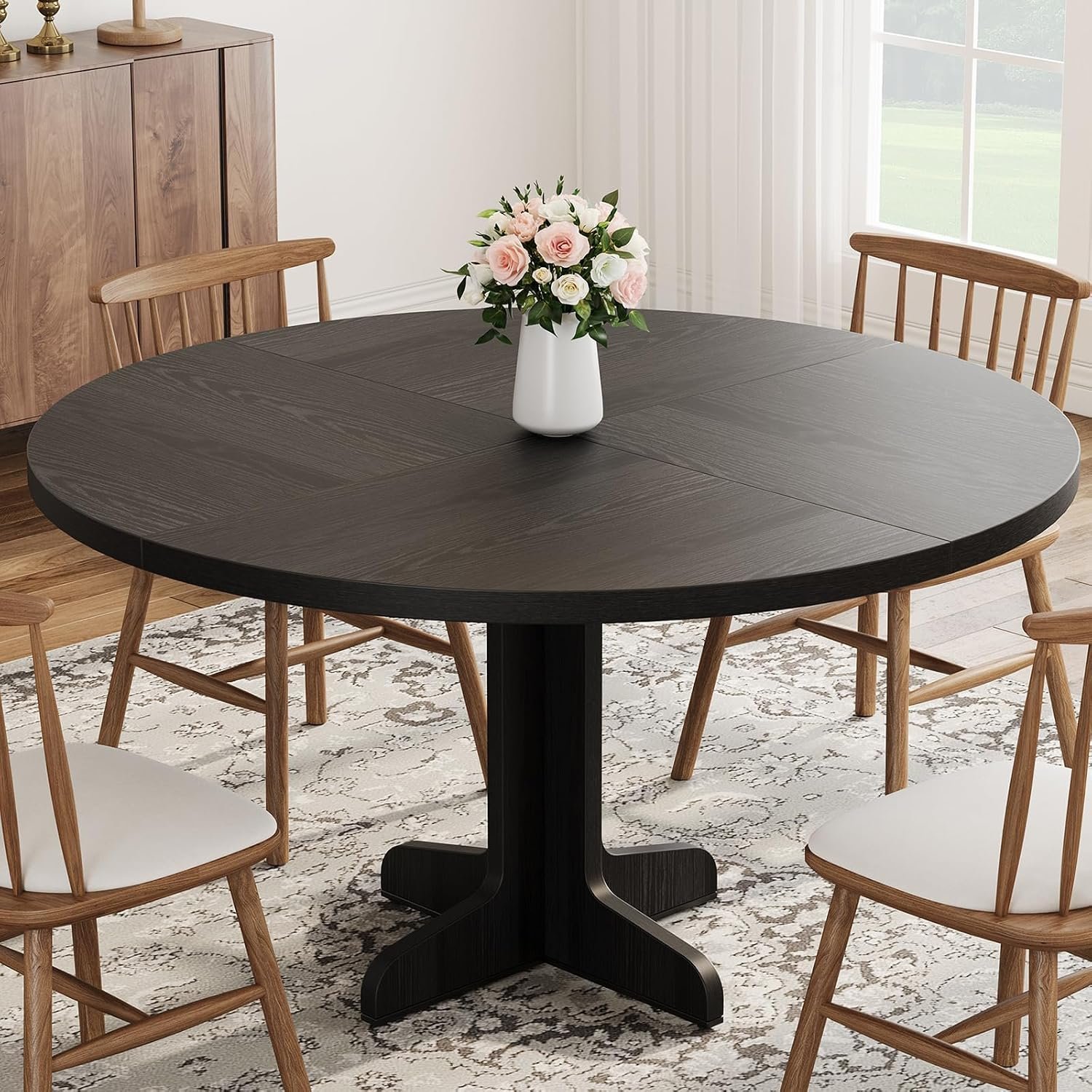 IDEALHOUSE 47″ Round Dining Table for 4, Farmhouse Kitchen Table, Black | Circle Dining Room Table Dinner Table, Kitchen Dining Room Furniture (Table Only)