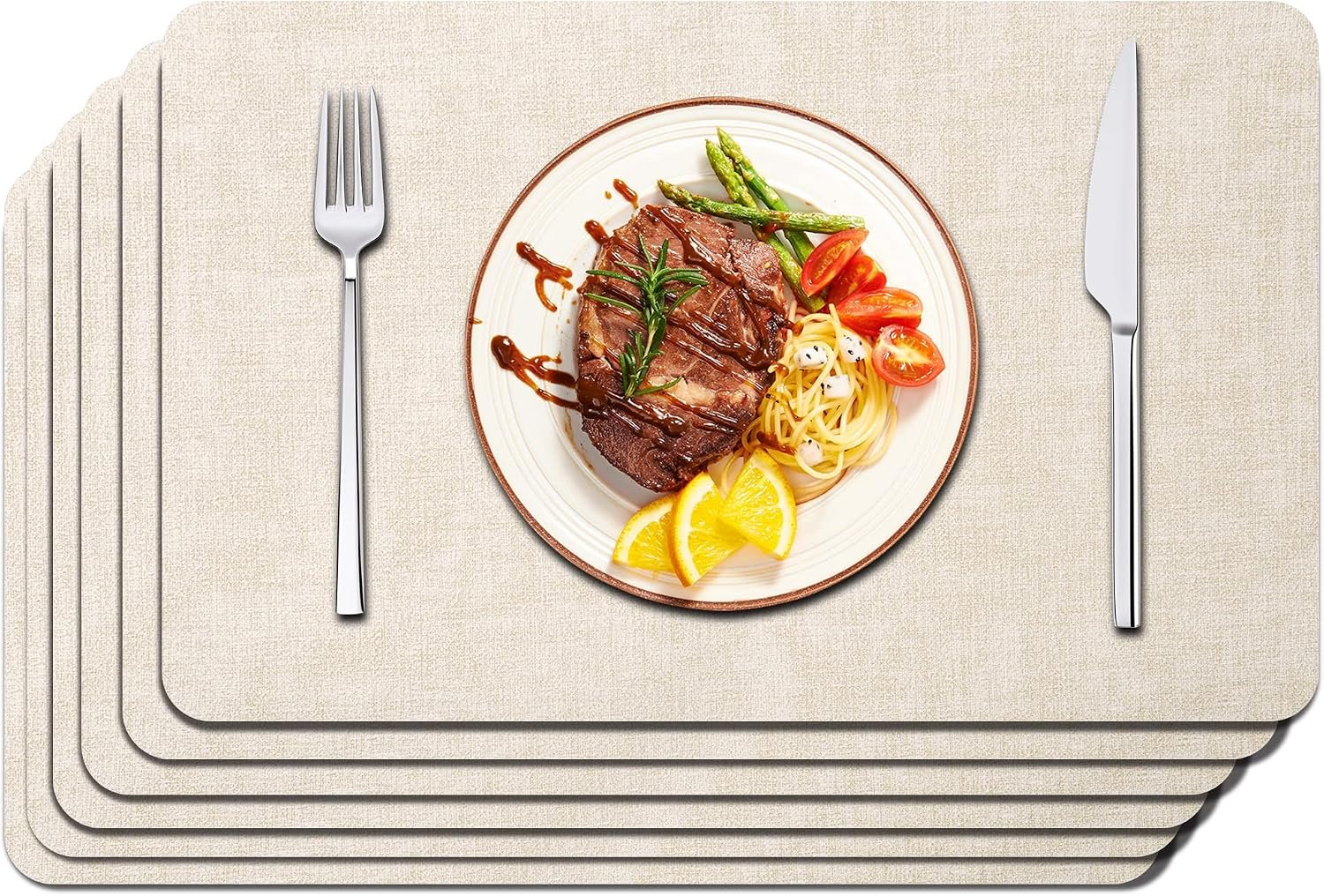 Maxpearl Faux Leather Placemats Set of 6, Easy to Clean, Beige | Waterproof – Heat Resistant – Non Slip – Wipe Clean Dining Table Place Mats, Suitable for Indoor & Outdoor Use, 17”×12”