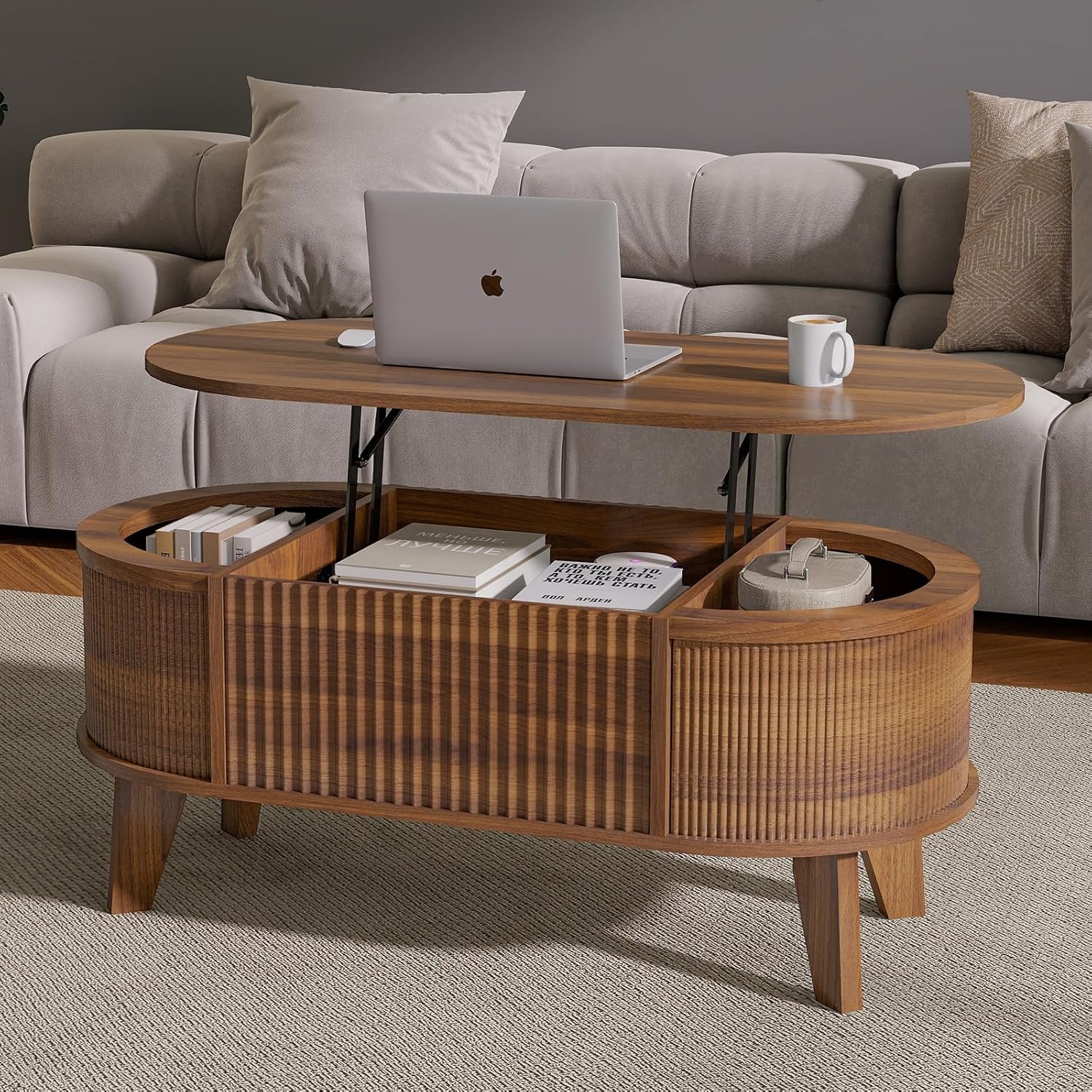 LYNCOHOME 43.3” Fluted Lift Top Coffee Table with Storage,Modern Oval Coffee Table for Living Room or Home Office（Walnut）