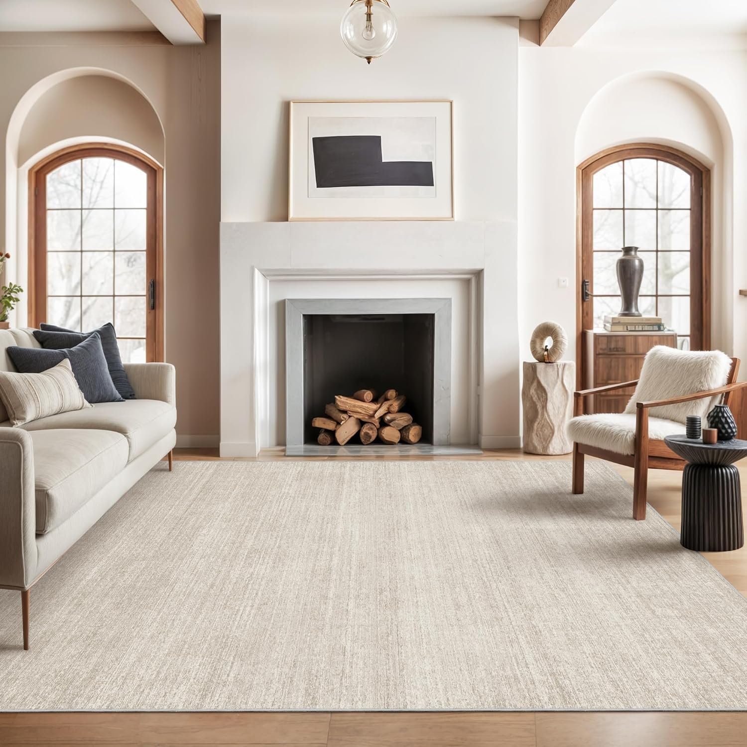 9×12 Area Rug Non Slip, Large Washable Rugs for Living Room Beige | Soft Low Pile, Thin & Lighweight Carpet, Folable Stain Resistant Modern Indoor Floor Mat for Bedroom, Dining Room, Home Decor