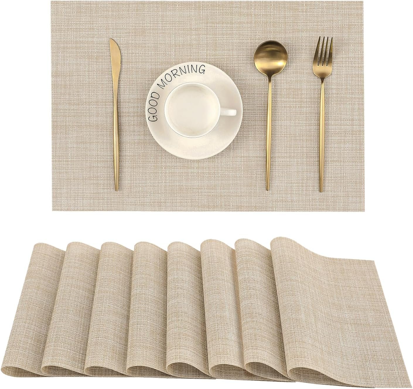 Leetaltree Beige Placemats Set of 8 – Heat Resistant Non-Slip Place mats for Dining Table, Washable Durable PVC Vinyl Woven Table Mats（Beige, 8）