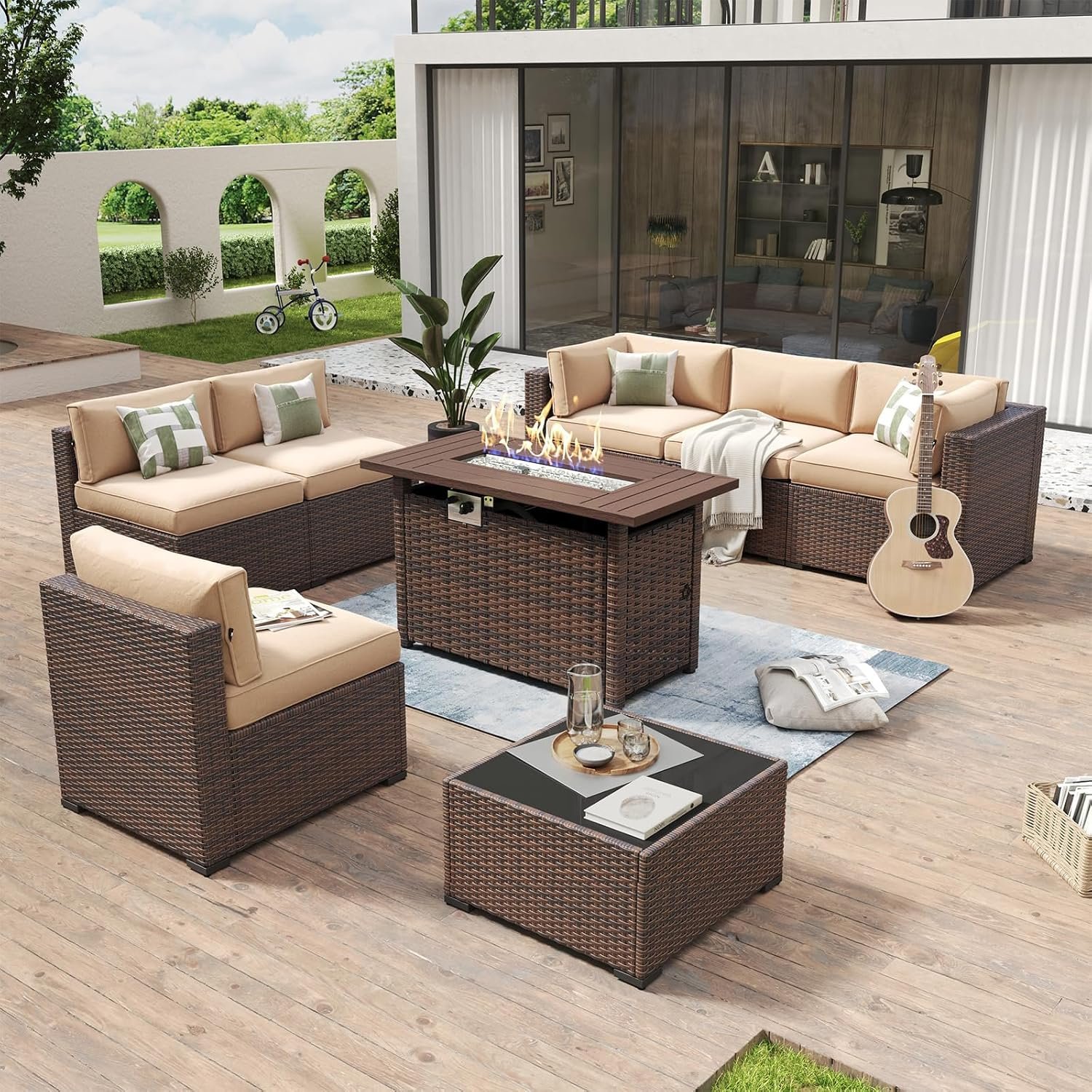 Aoxun 8 Piece Patio Furniture Set with 44″ Fire Pit Table Wicker Rattan | Outdoor Sectional Sofa Set with Coffee Table and Thickened Cushions, Beige
