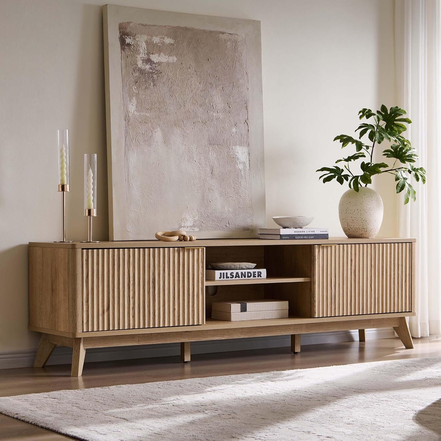 OKD 70″ Mid Century Modern Fluted TV Stand w/ 2 Soft Close Door,Natural Oak | Entertainment Center, Sideboard, Media console for Living Room with Adjustable Shelves