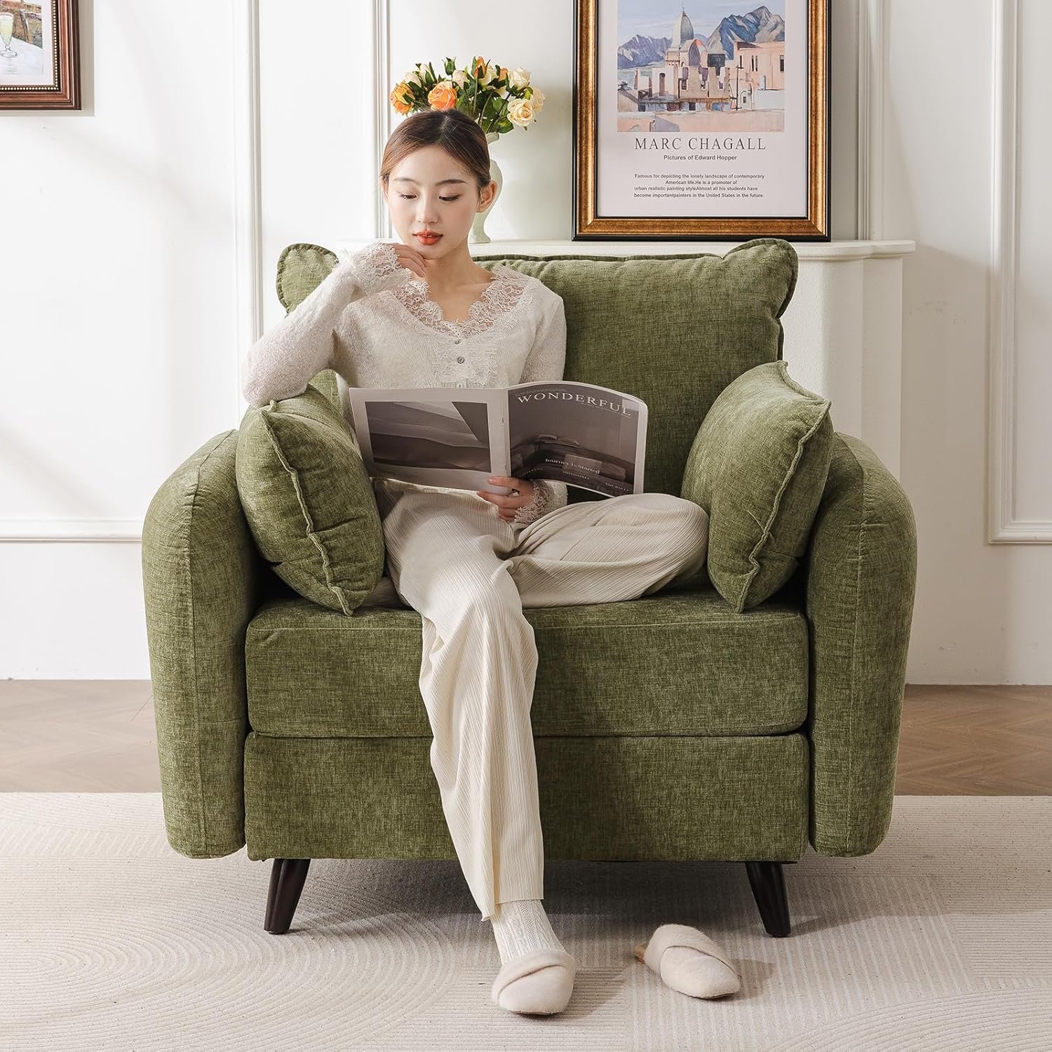 Rexulqo Oversized Accent Chair with All Seats Storage,Comfy Living Room Chairs with 2 Throw Pillow,Upholstered Mid-Century Armchair,24.5” Deep Seat,Reading Chair for Bedroom,Office,Chenille,Green
