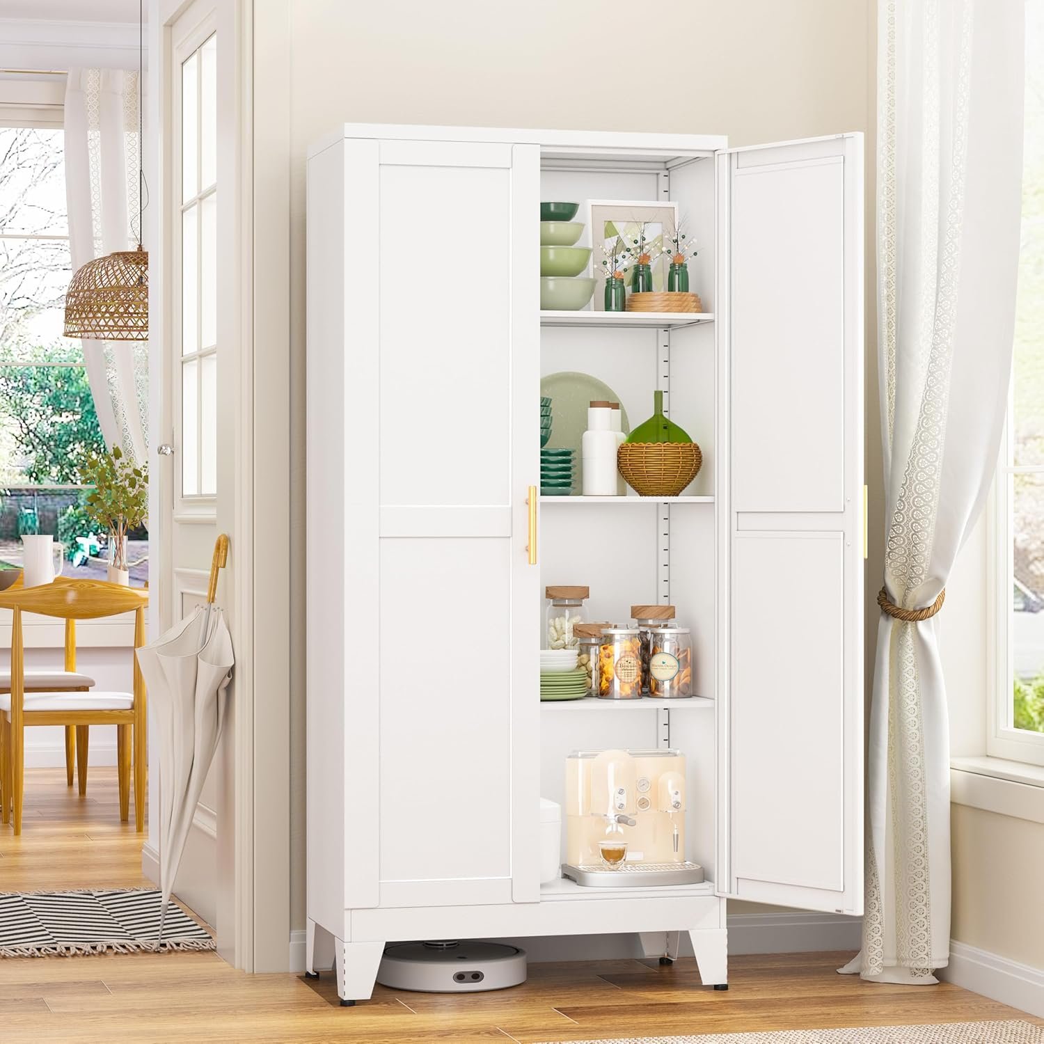 GAIOUS Metal Pantry Cabinet, Kitchen Pantry Storage Cabinets with 2 Door | and 3 Adjustable Shelves, White Kitchen Pantry Cabinet, Freestanding Cupboard for Dining Room Living Room Bathroom