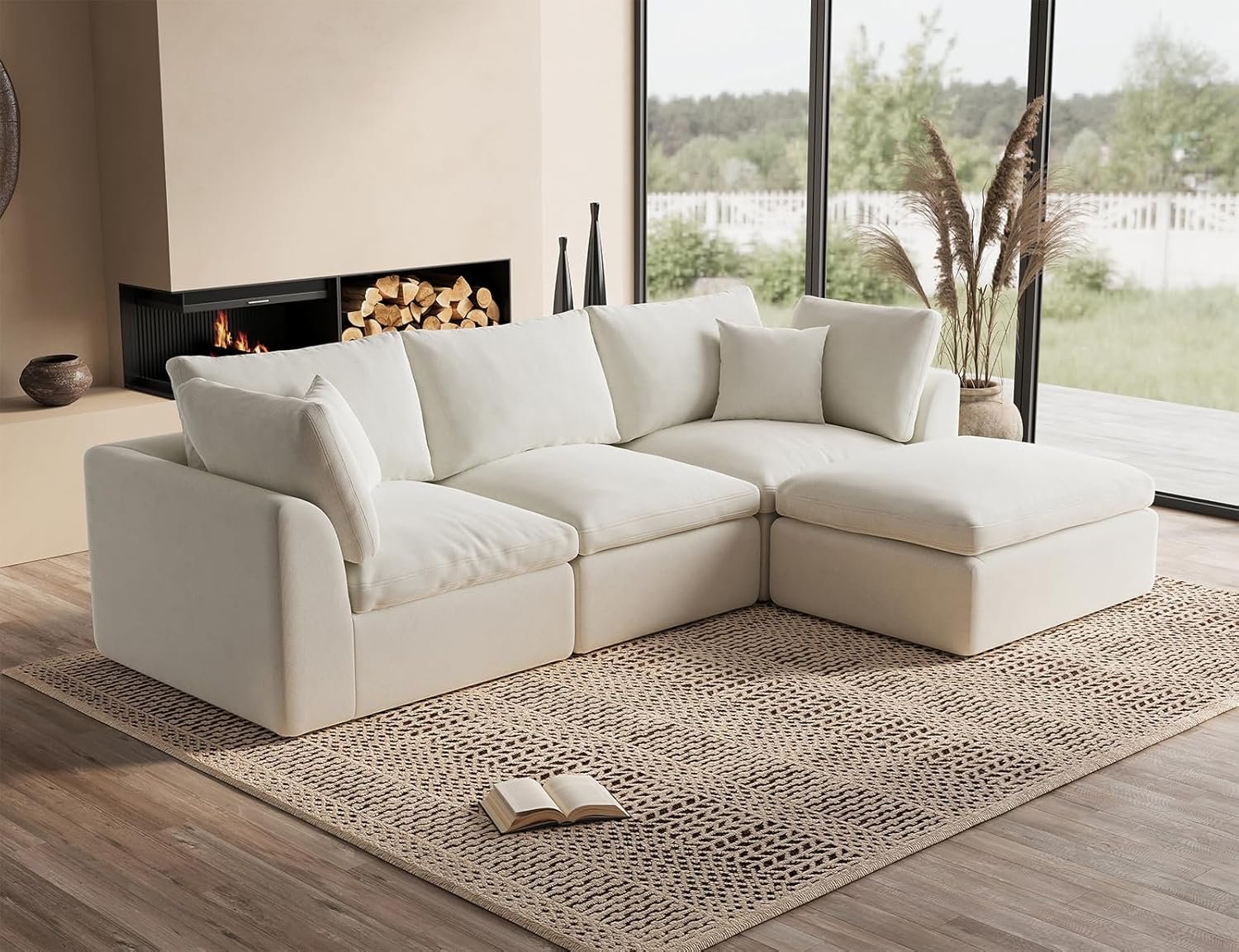 ohllob 110″ Cloud Sectional Couches for Living Room, Convertible L-Shape Couch with Ottoman, 3 Seater Modular Sectional Sofa, Warm White