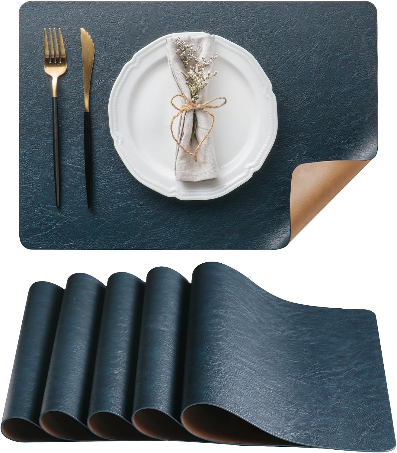 DOLOPL Placemats Set of 6, Reversible Dual-Color Faux Leather Place Mats | Camel & Navy Blue, Wipeable & Washable, Heat Resistant, Waterproof, 17″x11.8″, Luxury Retro Style for Kitchen, Dining Table