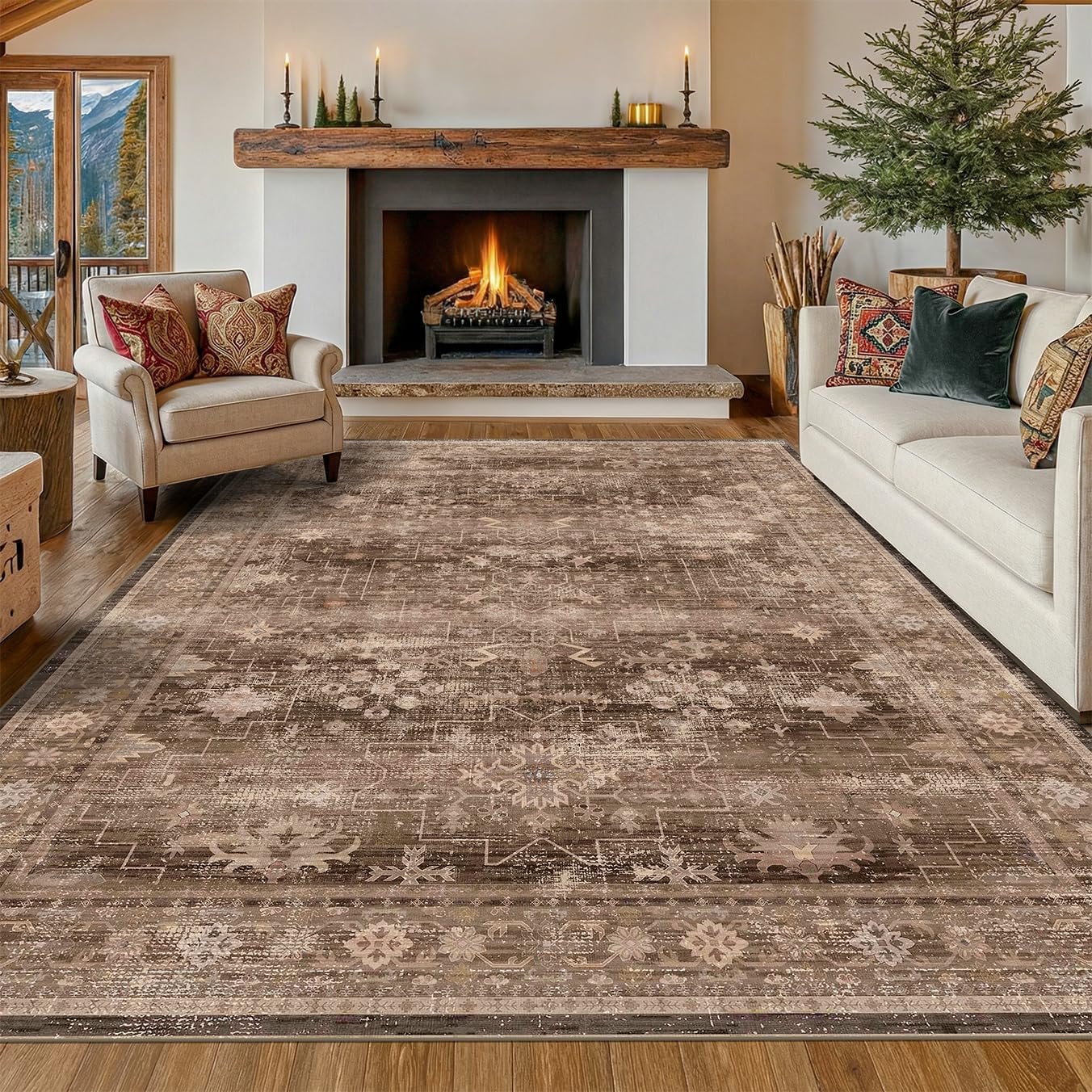 Boho Taupe Brown Living Room Rug 8×10 – Modern Vintage Traditional Eclectic Oriental Neutral, Washable Low Pile Non-Slip Extra Large Area Rugs for Dining Under Table Bedroom Lounge