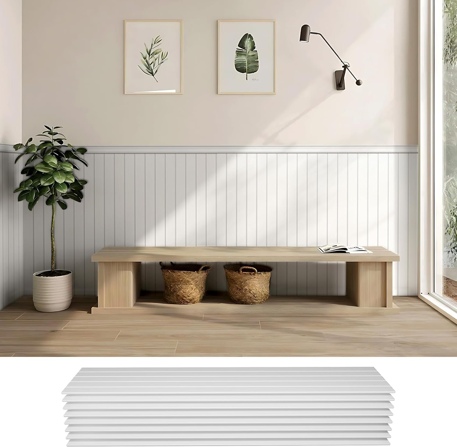 Wainscoting Panels, PS Board and Batten Wall Panel Kit(White) | Beadboard Wall Panels for Interior Wall Decor, Paintable Waterproof Wainscoting Panels for Wall, 8PCS Covers 20.7 Sq.Ft