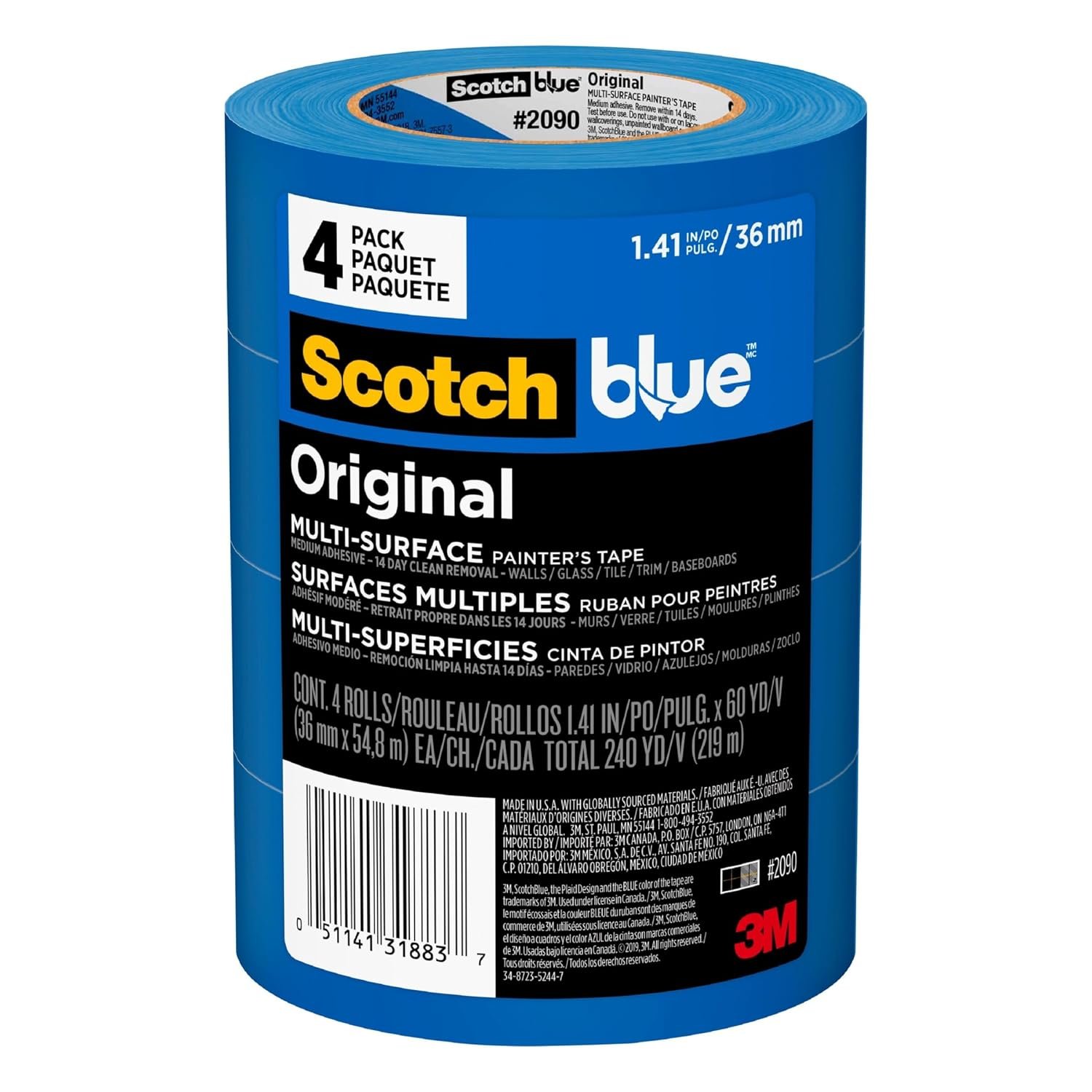 ScotchBlue Original Multi-Surface Painter’s Tape 1.5 Inch Wide, 4 Rolls | 1.41 in x 60 yd, Blue Paint Tape, Protects Surfaces and Removes Easily, Painting Tape for Indoor and Outdoor Use