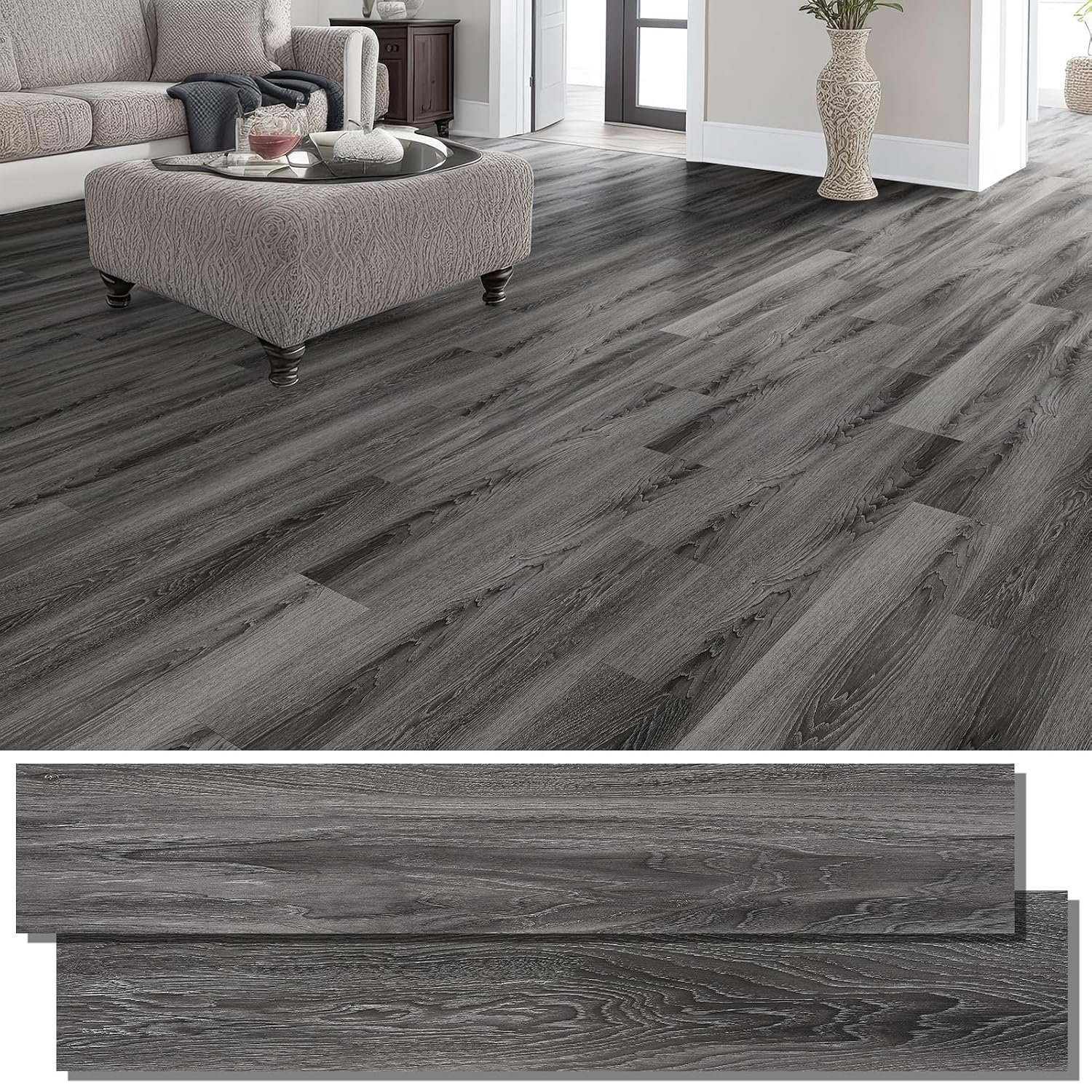 INMOZATA 36 Pack Peel and Stick Floor Tile Waterproof Vinyl Plank Flooring | 54 Sq.Ft, Heat-resistant, Wood Grain Self Adhesive Flooring for DIY Bedroom Living Room Bathroom Kitchen (Deep Gray)
