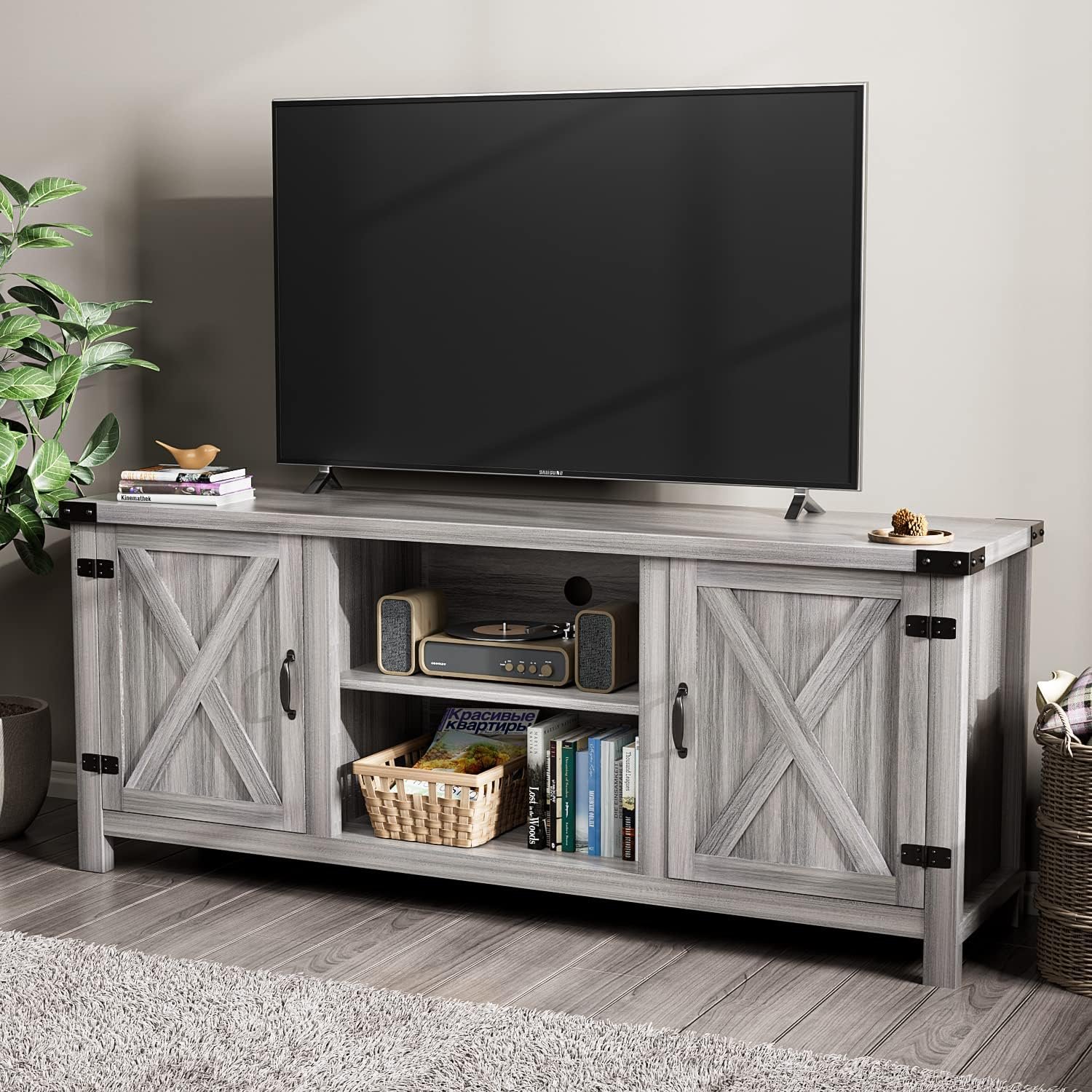 YESHOMY Modern Farmhouse TV Stand with Barn Door for 65 Inch TV, Gray Wash | Two Barn Doors and Storage Cabinets, 58 Inch Media Entertainment Center, Media Console Furniture for Living Room