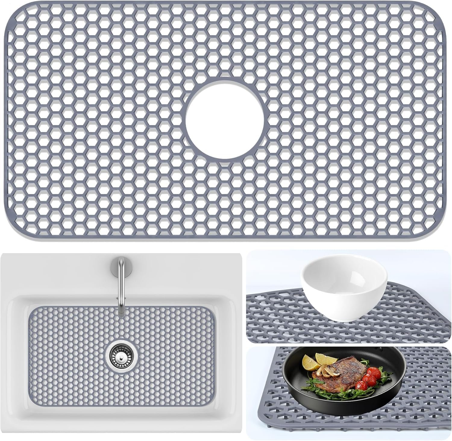Sink Protectors Mat – 25.79″x13.98″ Kitchen Sink Pad for Bottom of Basin for Protection of Stainless Steel and Tableware, Farmhouse Rubber Basin Mat Protector with Center Drain – Light Gray