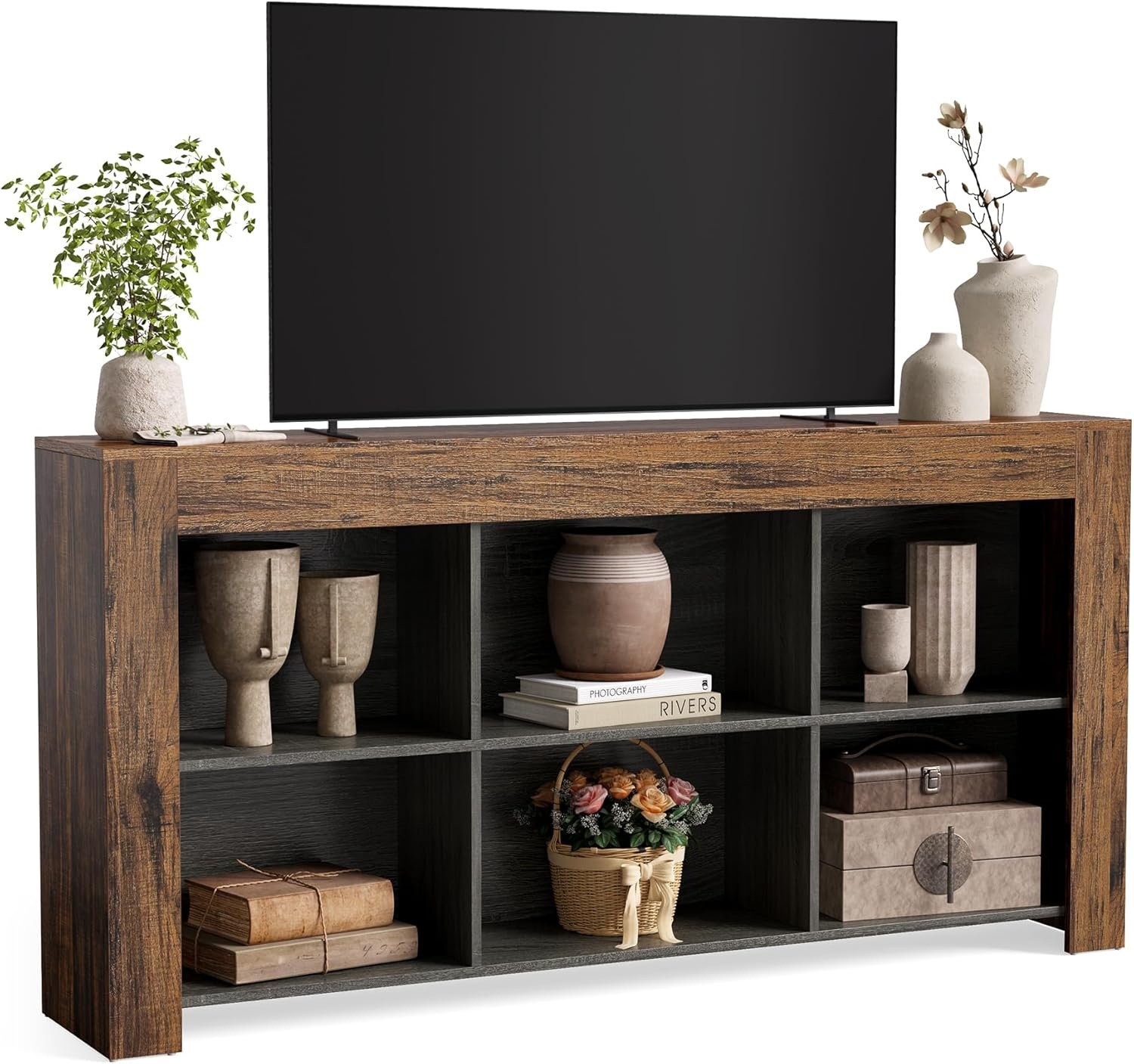 LITTLE TREE TV Stand with Storage, 63-Inch Entertainment Center with Shelves, Modern Media Console for Television up to 65″ for Living Room, Bedroom, Brown + Dark Gray