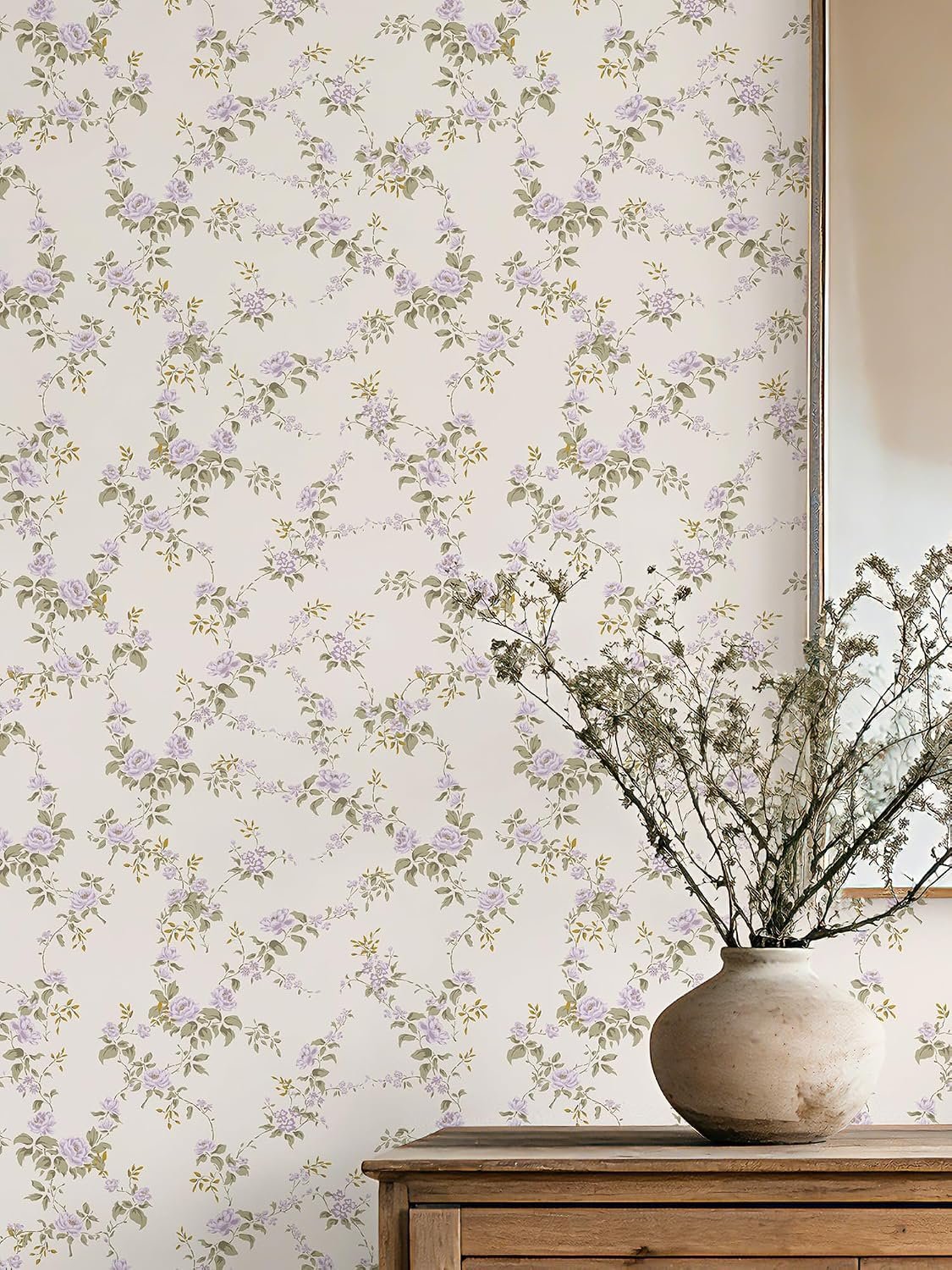 Vintage Floral Wallpaper Peel and Stick, Country Retro Floral Wallpaper Farmhouse Removable Self Adhesive Wall Paper Lilac Flower Contact Paper 17.3″×78.7″ for Girly Bedroom Bathroom