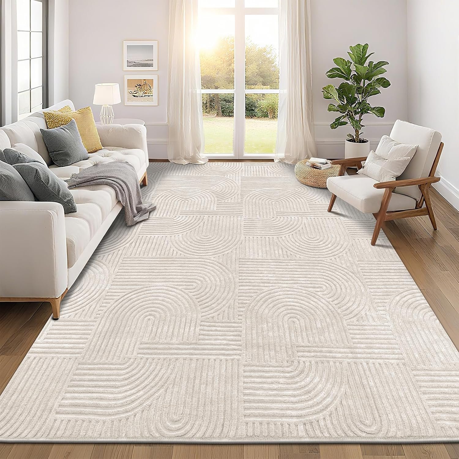 Pauwer 9×12 Area Rugs for Living Room, Modern Non Slip Washable Rug, Beige | Arch Pattern, Soft Fluffy, Neutral, Boho Accent, Solid Color Floor Carpet, For Kids Room Dining Room Nursery Entryway