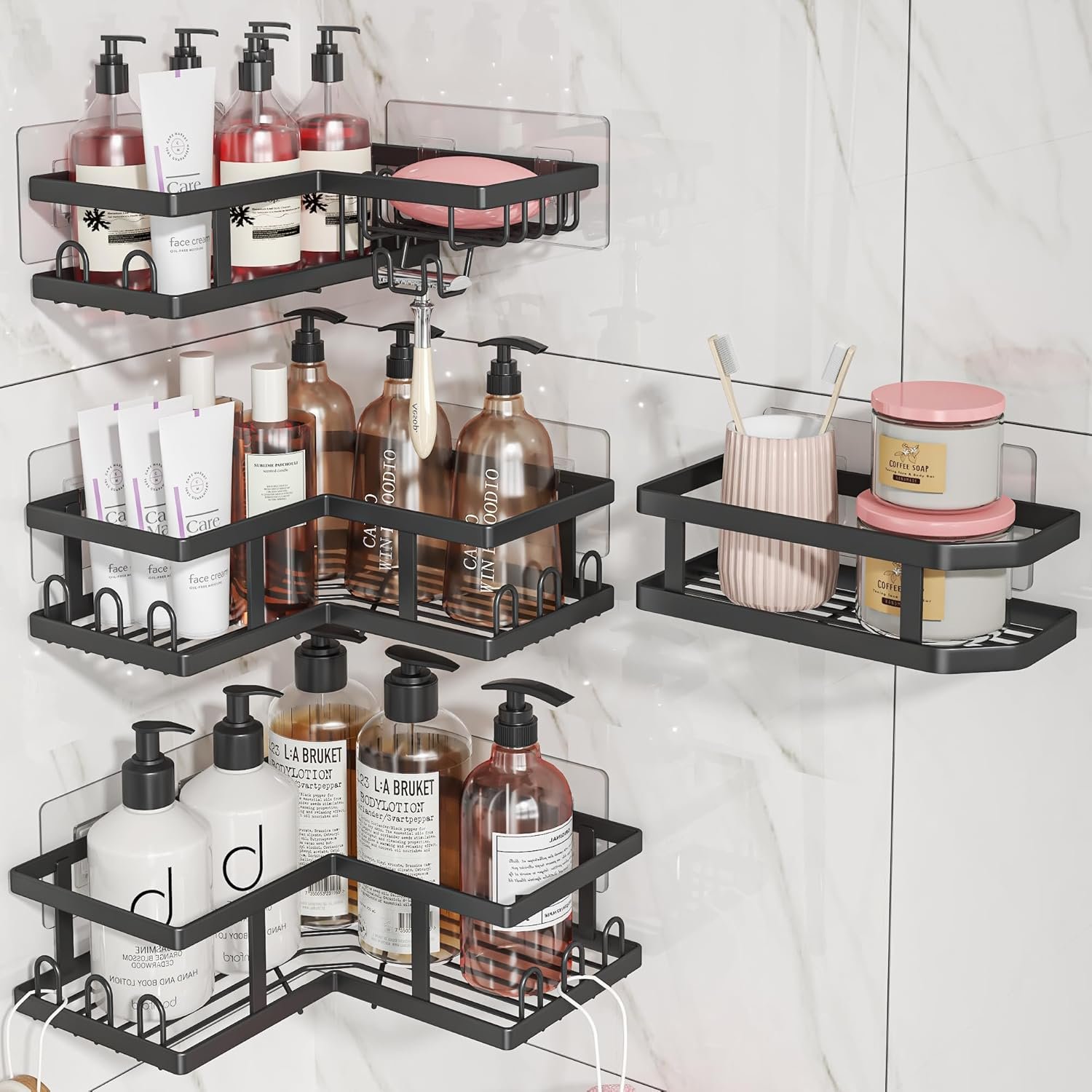 Youvip Shower Caddy Corner No Drilling-Adhesive, Shower Shelves-Rustproof | Organizer for Dorm. Black, 4-Pack – with Soap Holder