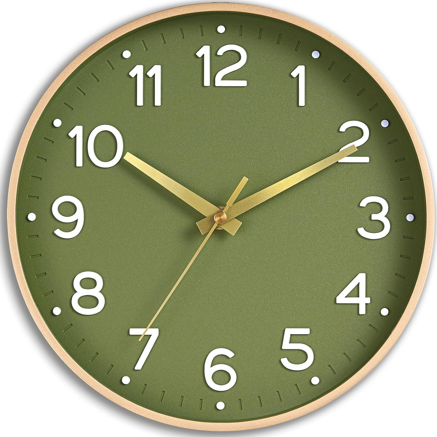 Roymnie 8 Inch Wall Clock, Battery Operated Silent Non Ticking Green Analog | Green & gold modern analog; large 3D easy-read dial for kitchen, office, bathroom & bedroom; 1 AA battery (not included)