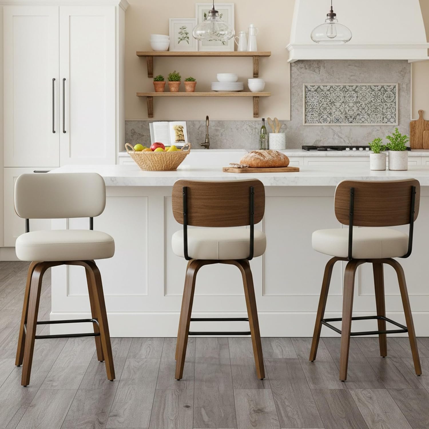 Swivel Bar Stools Set of 3, 26″ Counter Height, Beige Grey | Walnut Wood Legs, Upholstered Seat, Supportive Backrest, Easy-Clean Faux Leather, Mid-Century Modern, 4-Inch Cushion