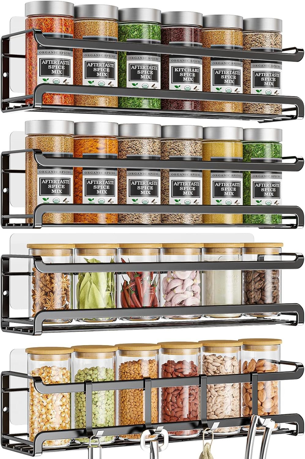 Bunoxea Spice Rack Wall Mounted 4 Pack, For Spice Jars & Seasonings,Black | 4 Removalble Hooks,Screw or Adhesive Hanging, Space-Saving,For Kitchen Cabinet, Pantry Door,Stove,RV Use,11.41×2.75×2.75in