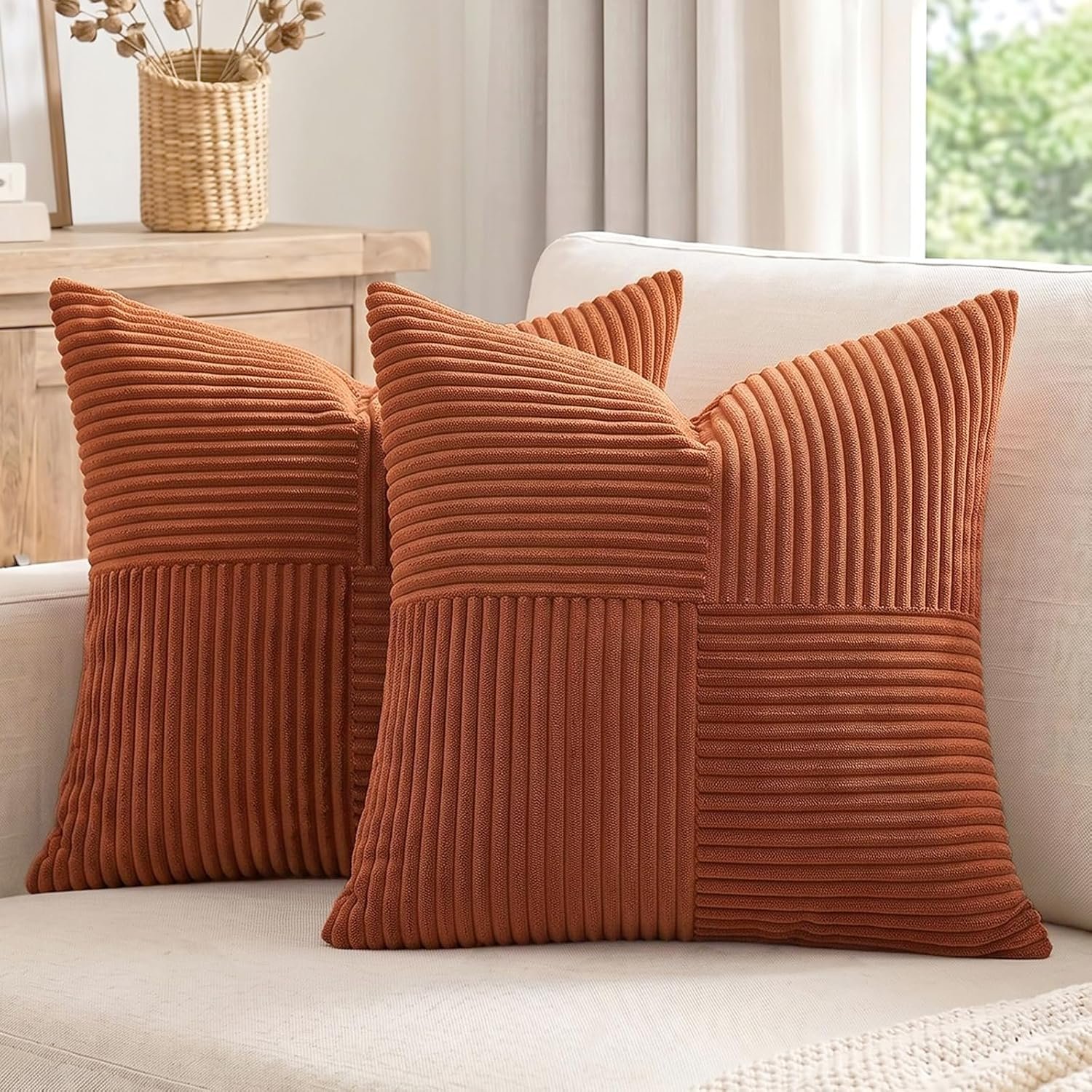 Fancy Homi 2 Packs Rust Boho Decorative Throw Pillow Covers 18×18 Inch for Couch Bed Sofa, Farmhouse Fall Home Decor, Soft Corss Corduroy Patchwork Textured Terracotta Accent Cushion Case 45×45 cm
