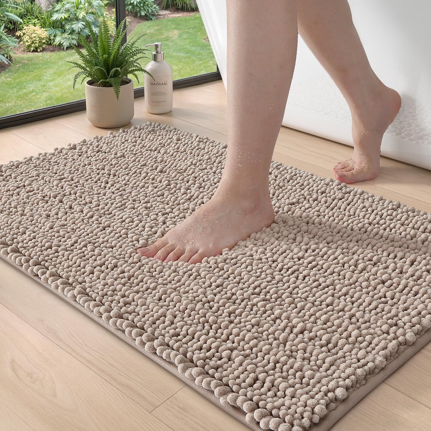 DEXI Bathroom Rugs 32×20, Super Soft Thick Chenille Absorbent Bath Mat, Non Slip Machine Washable Fluffy Shag Bathmat for Tub, Shower Floor, Dark Beige