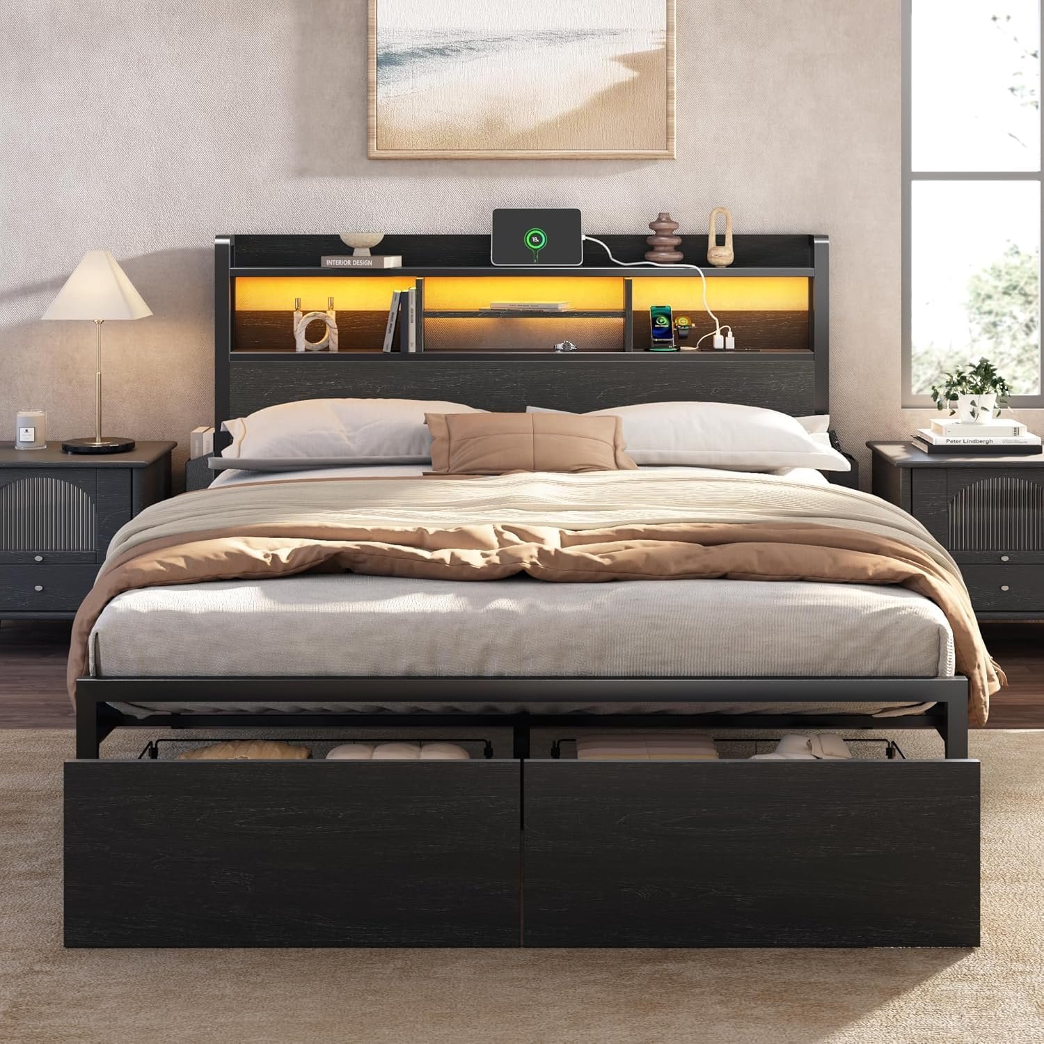 Full Size Bed Frame with Headboard and Charging Station,2 Drawers | 2-Tier Storage Shelves,Metal Platform ,LED Lights, Noise Free, Easy Assembly,No Box Spring Needed,1200 lbs Capacity, Black