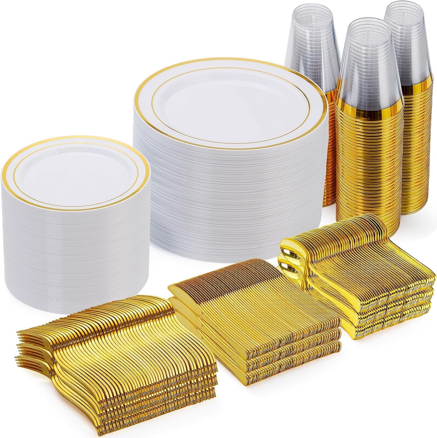 600 Pieces Gold Disposable Plastic Plates for 100 Guests | Include: Dinnerware Set of 100 Dinner and 100 Dessert Plates, 100 Spoons, 100 Forks, 100 Knives, 100 Cups Plates for Party