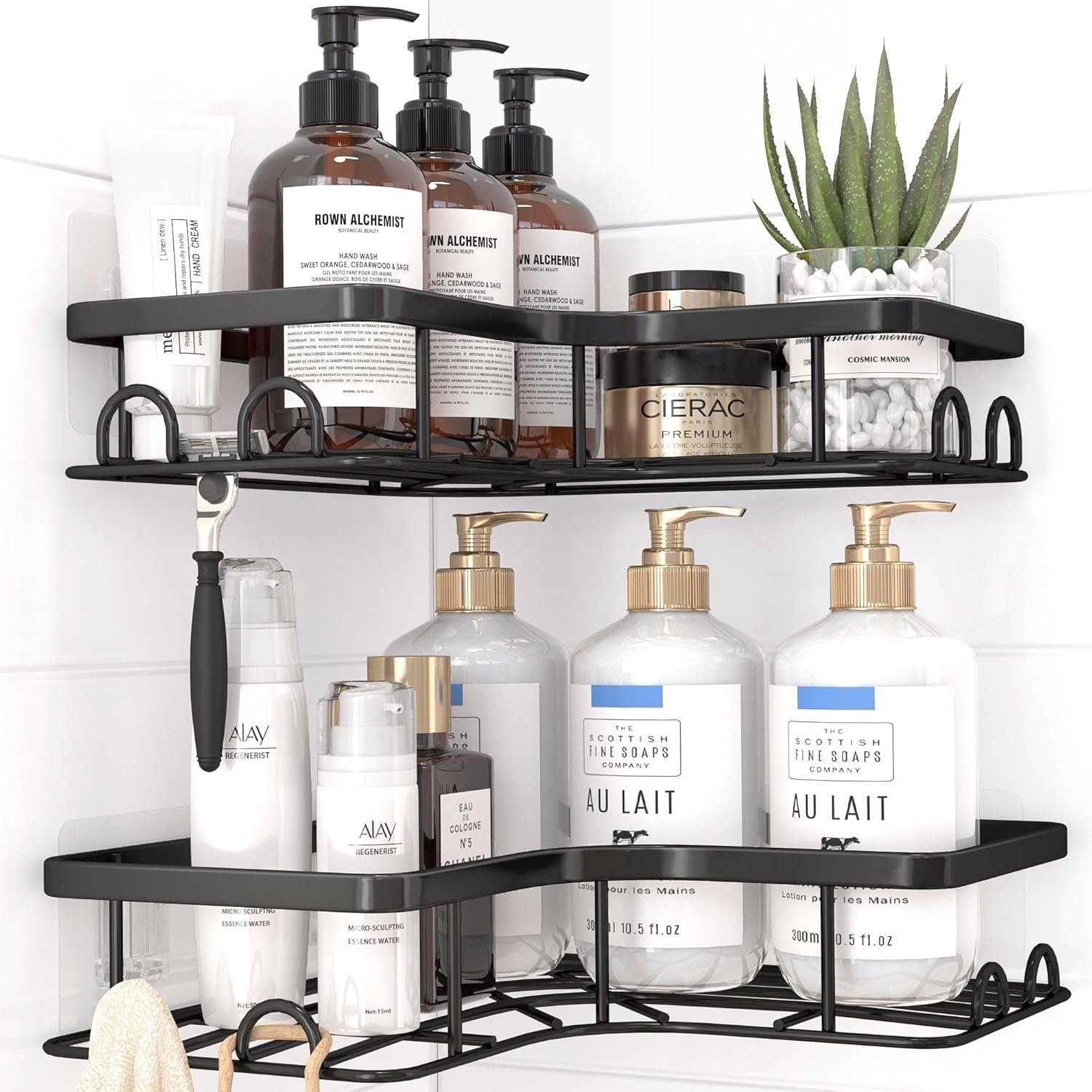 Sakugi Corner Shower Caddy – 2 Pack, Adhesive Shower Organizers, Rustproof Stainless Steel Shower Shelves with 8 Hooks, No Drilling Bathroom Organizers and Storage Racks, Space-Saving, Black, Medium