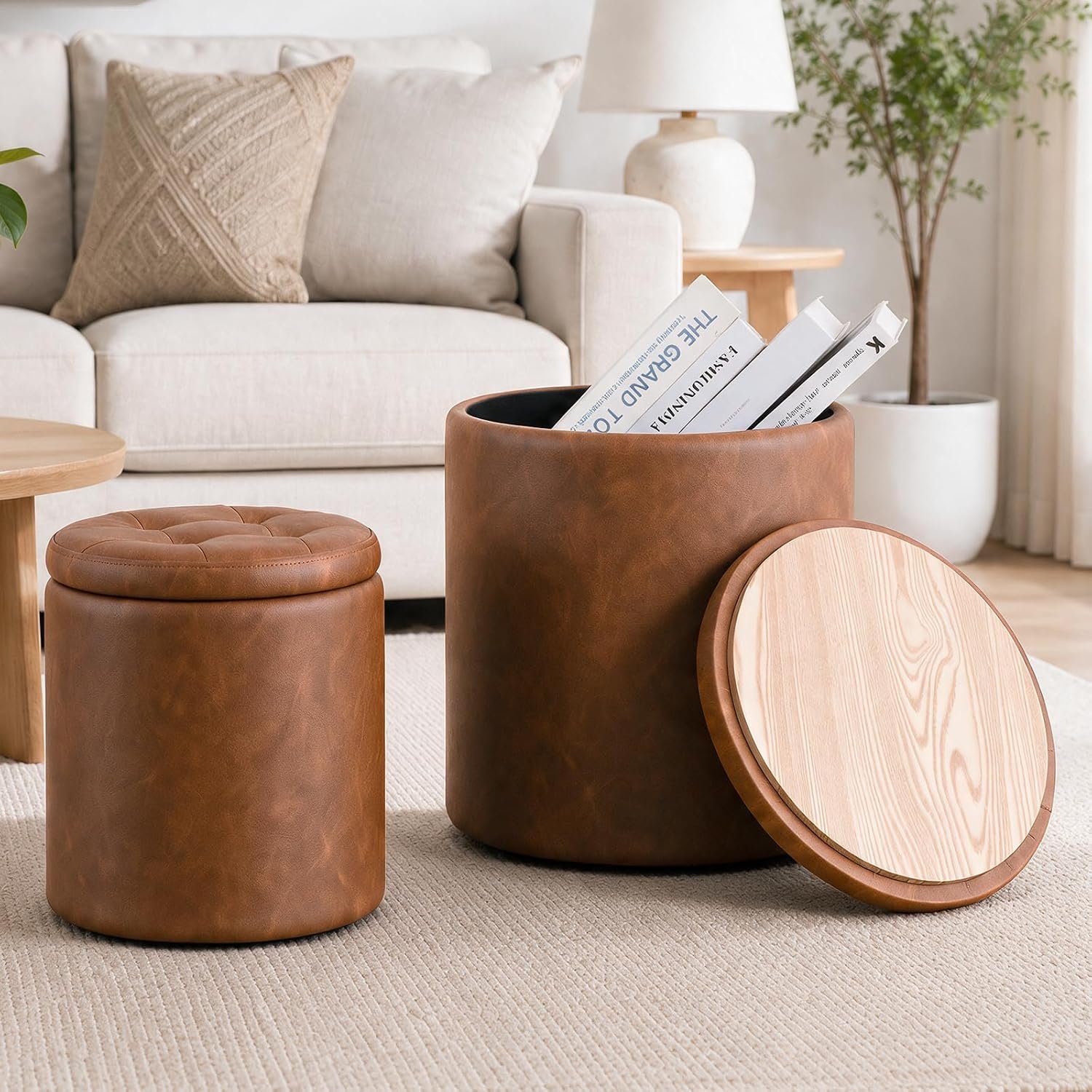 Round Ottoman with Storage Set of 2, 12.6″W x 14.17″H & 14.76″W x 17.32″H Faux Leather Button Tufted Storage Ottoman, Boucle Vanity Stool Footrest Coffee Table for Living Room, Bedroom, Brown