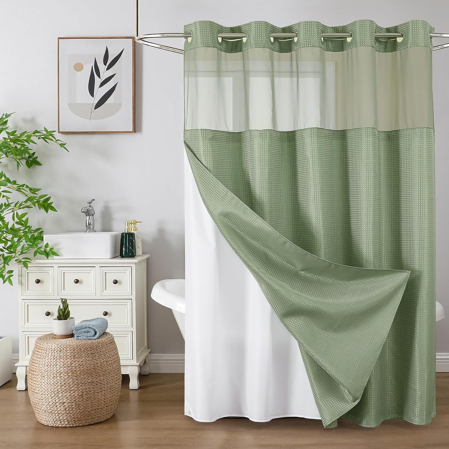 Colorful Star Sage Green No Hook Waffle Shower Curtain Set, 72 x 75 Inch | Waterproof Shower Curtain with Snap in Fabric Liner and Mesh Top Window, Hotel Style Heavy Duty Thick Bathroom Curtain