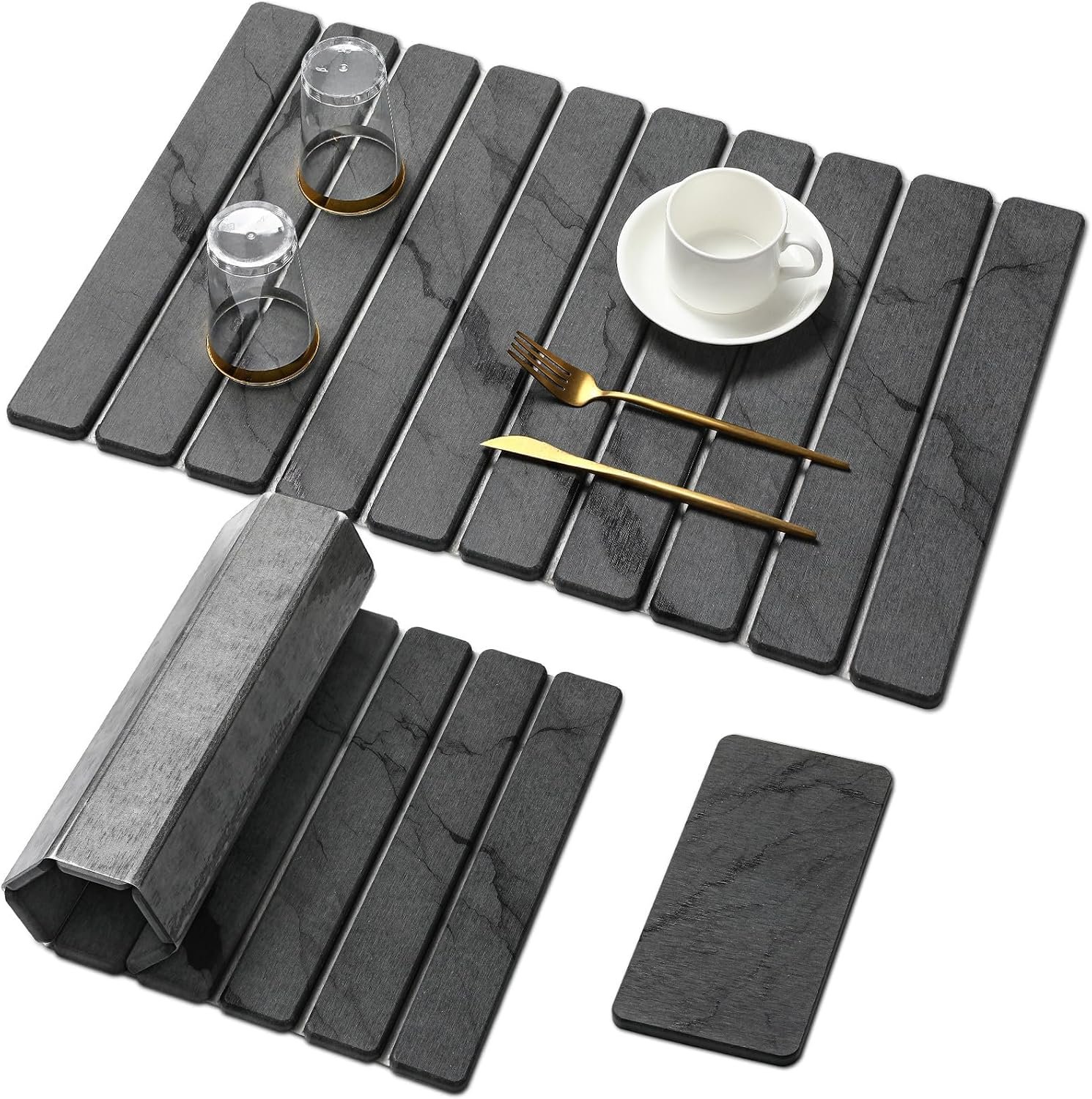 Large Stone Dish Drying Mat for Kitchen Counter, Quick Dry Stone Dishes/Bath Mats,Foldable Water Absorbing Diatomaceous Earth Drying Organizer Pad for Plate Rack Bottles Utensils(Dark Gray 24″×16″)