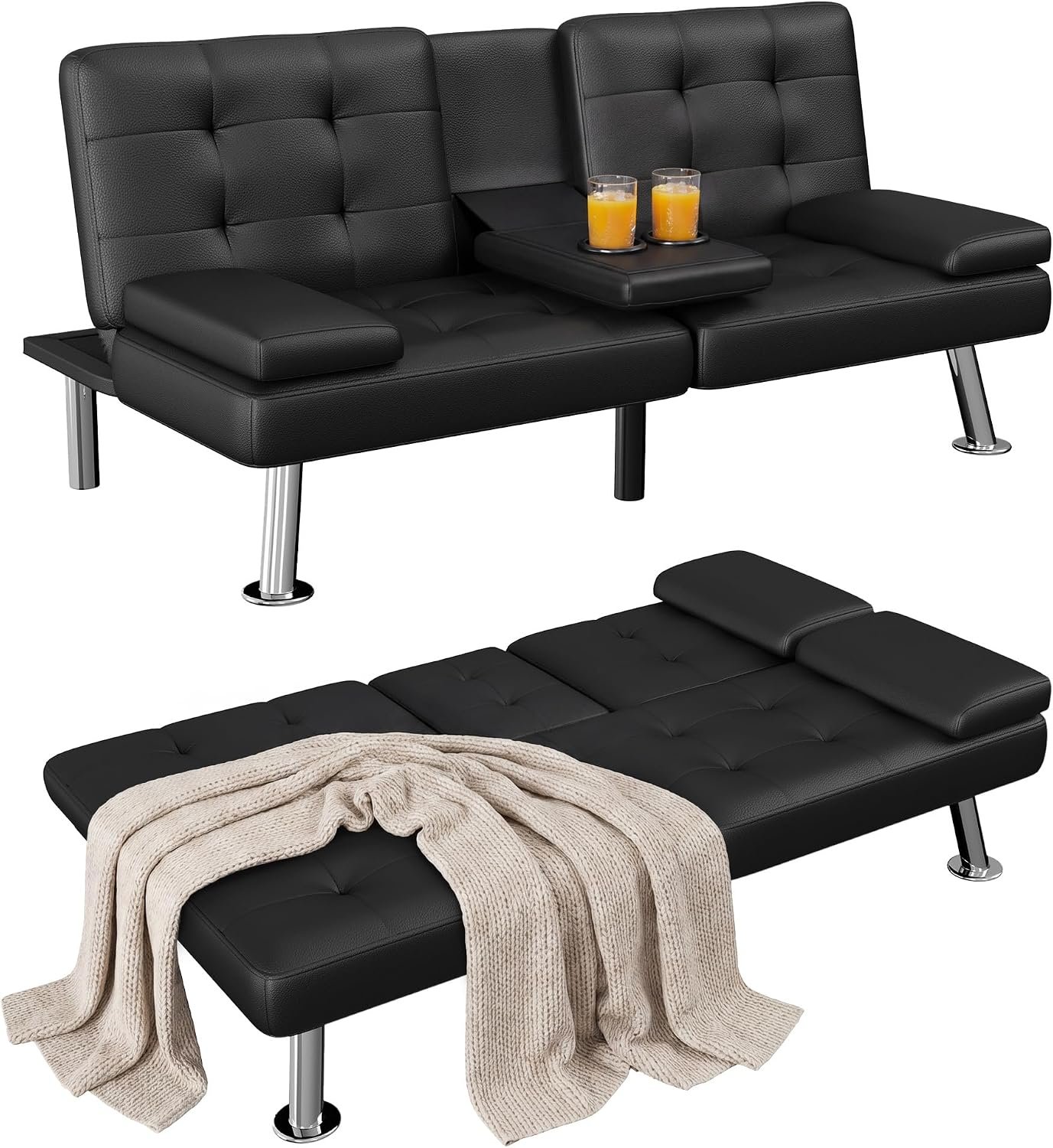 Homall Black Faux Leather Futon Sofa Bed, Loveseat with Adjustable Backrest | Futon Couch with Removable Armrests, Recliner Sleeper Sofa Bed with Dual Cup Holders for Living Room, Apartment, Office|Black