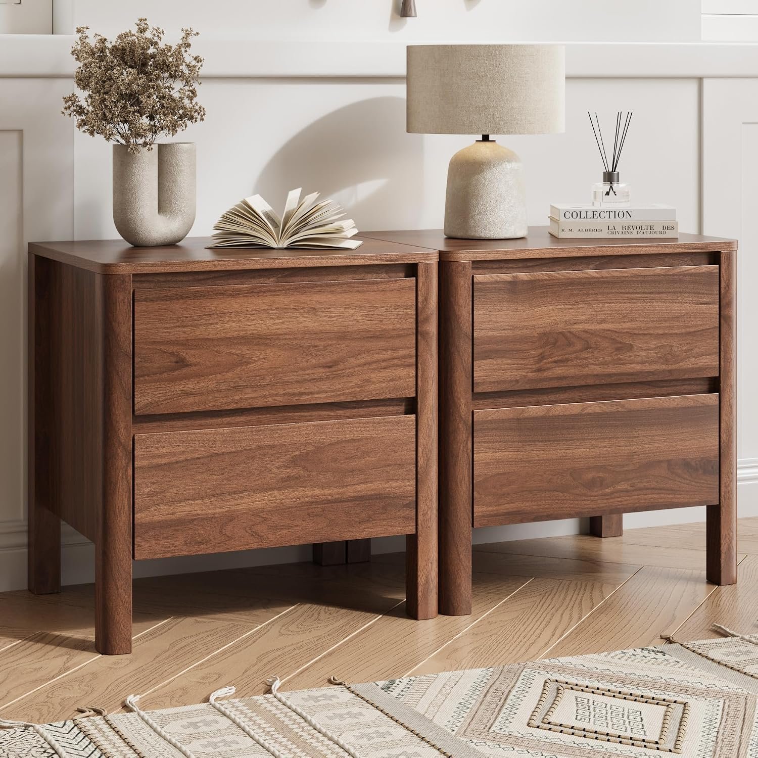 MAISONARIA Walnut Nightstands Set of 2, Mid Century Modern Bedside Table with Hidden Handles and Wood Legs, Wooden End Table with 2 Drawers for Bedroom