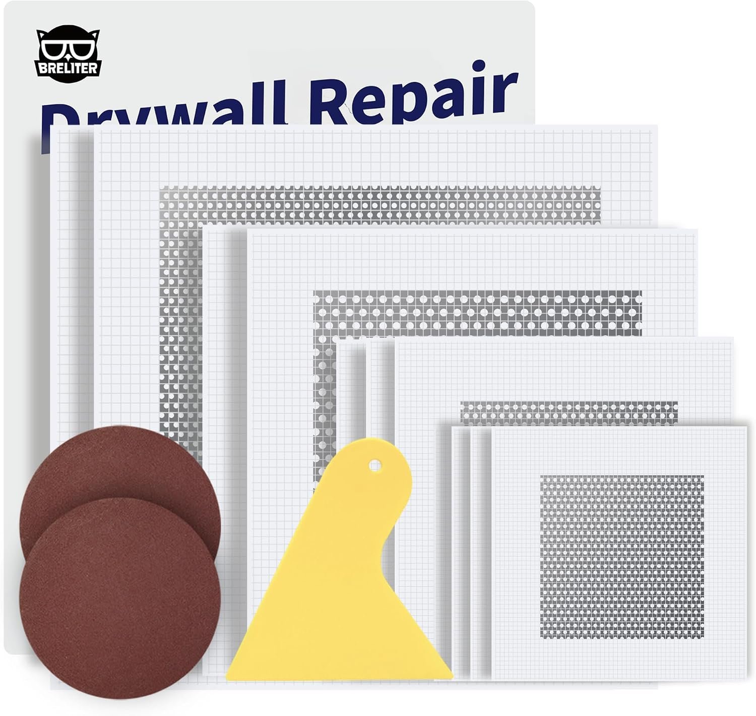 Drywall Repair Patch Kit, 13 Pcs Self-Adhesive Aluminum Wall Hole Repair Patches for Wall, Ceiling, Sheetrock, Plaster, 2/4/6/8 Inch Drywall Patch Kit with Scraper & Sandpaper