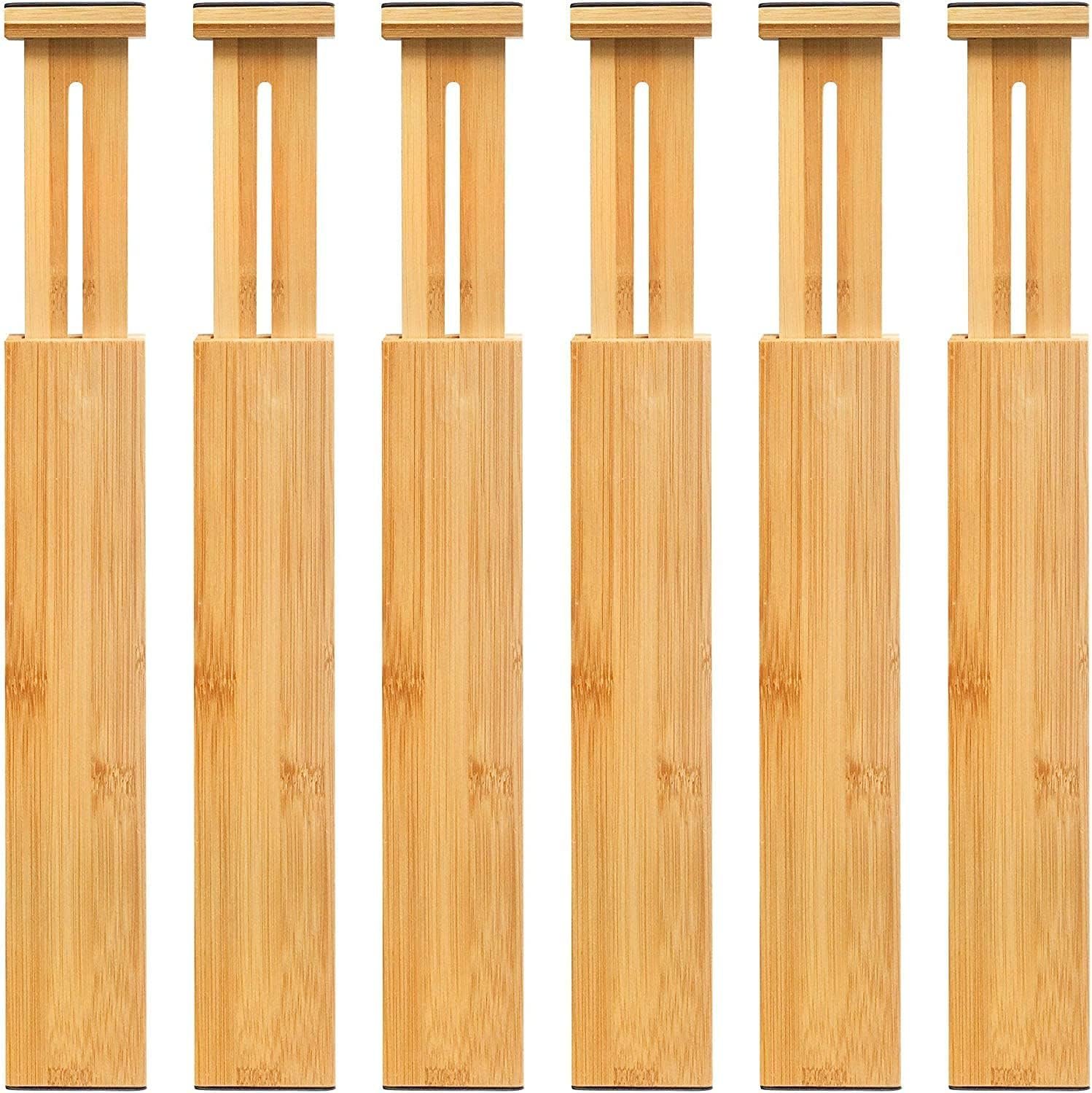 VaeFae 6-Pack Adjustable Bamboo Drawer Dividers, Expandable Drawer Organizer for Kitchen Utensils, Clothes, Bathroom, Office – Fits Drawer Interiors 16.6″ to 21.8″
