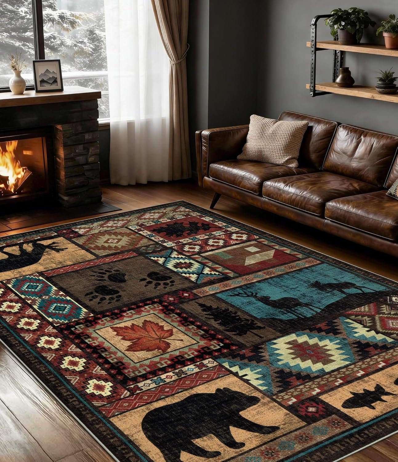 Rustic Cabin Area Rug 5×7,Machine Washable Lodge Bear Rug,Non-Slip Low Pile Print Pattern Southwestern Rug for Living Room Bedroom