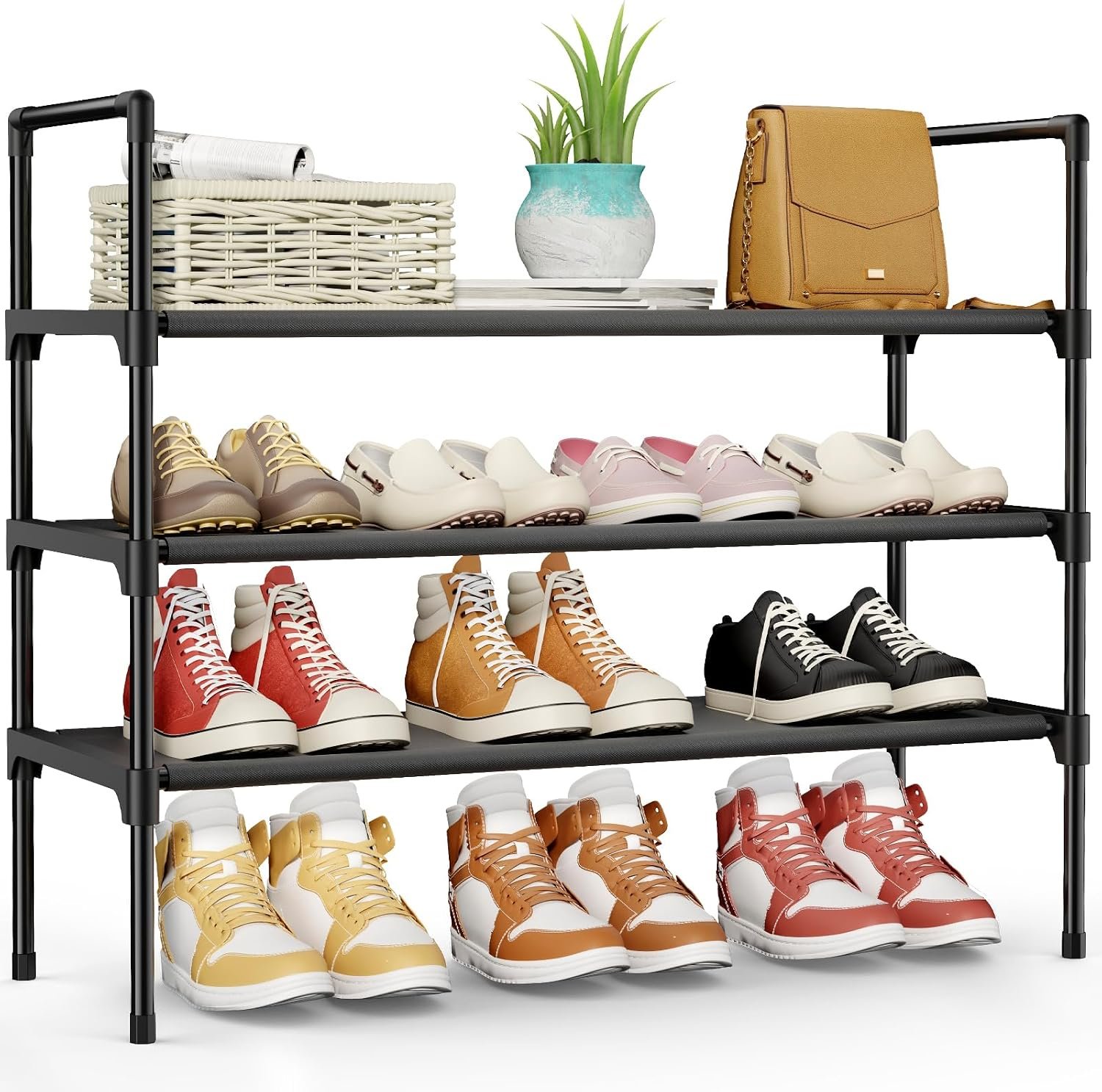 Kitsure Shoe Rack for Closet, Shoe Organizer, 27.6″ Wide – 3 Tier, Black | Shoe Storage for Closet, Entryway, Easy- Assembly& Space-Saving Shoe Shelf with Side Handle, Closet Organizer