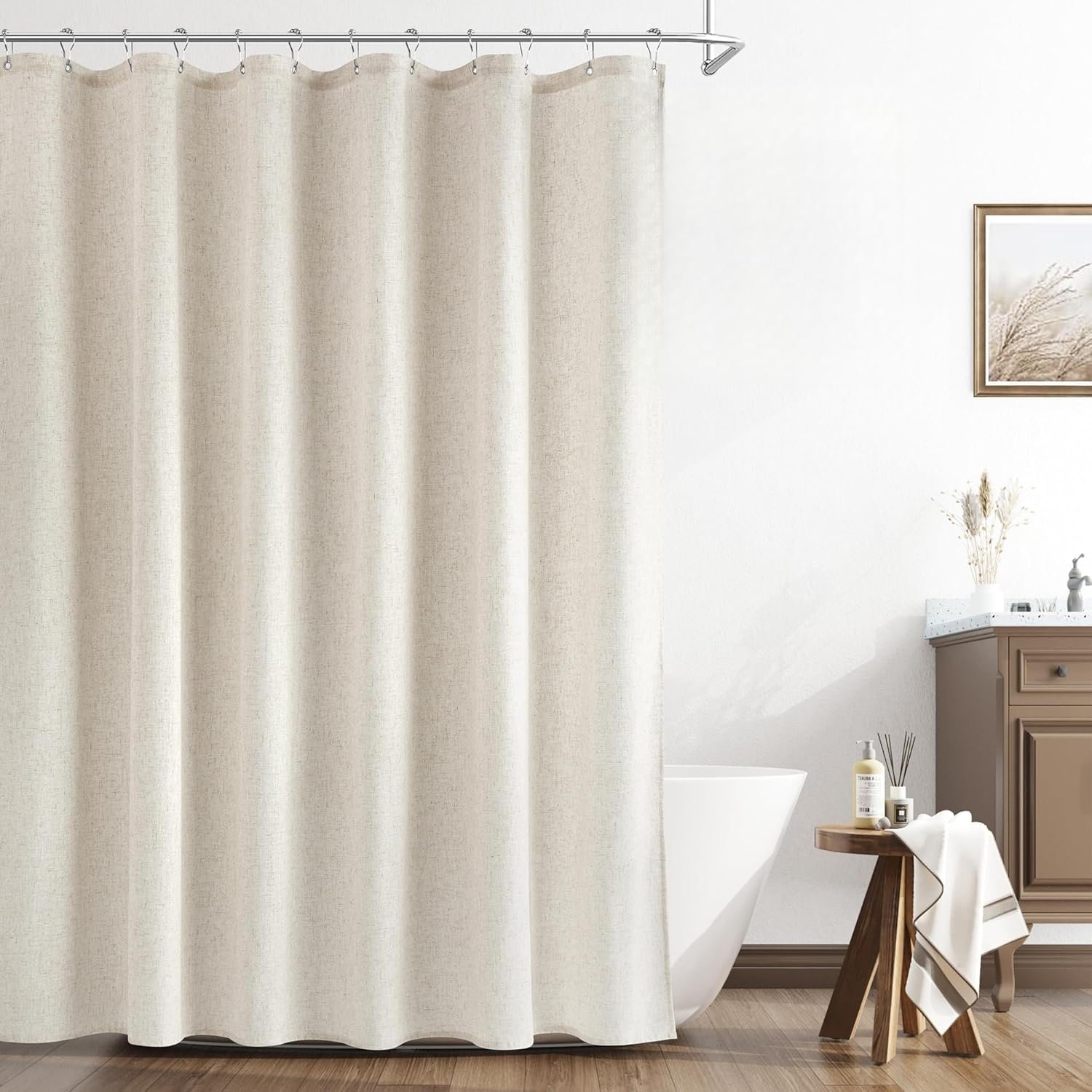 Linen Shower Curtain, Country Boho Farmhouse Bath Decor Beige Ivory Shower Curtains for Bathroom Neutral Cloth Weighted Textured Fabric Bath Curtain Liner with Hooks, Natural Cream, 72 Inch