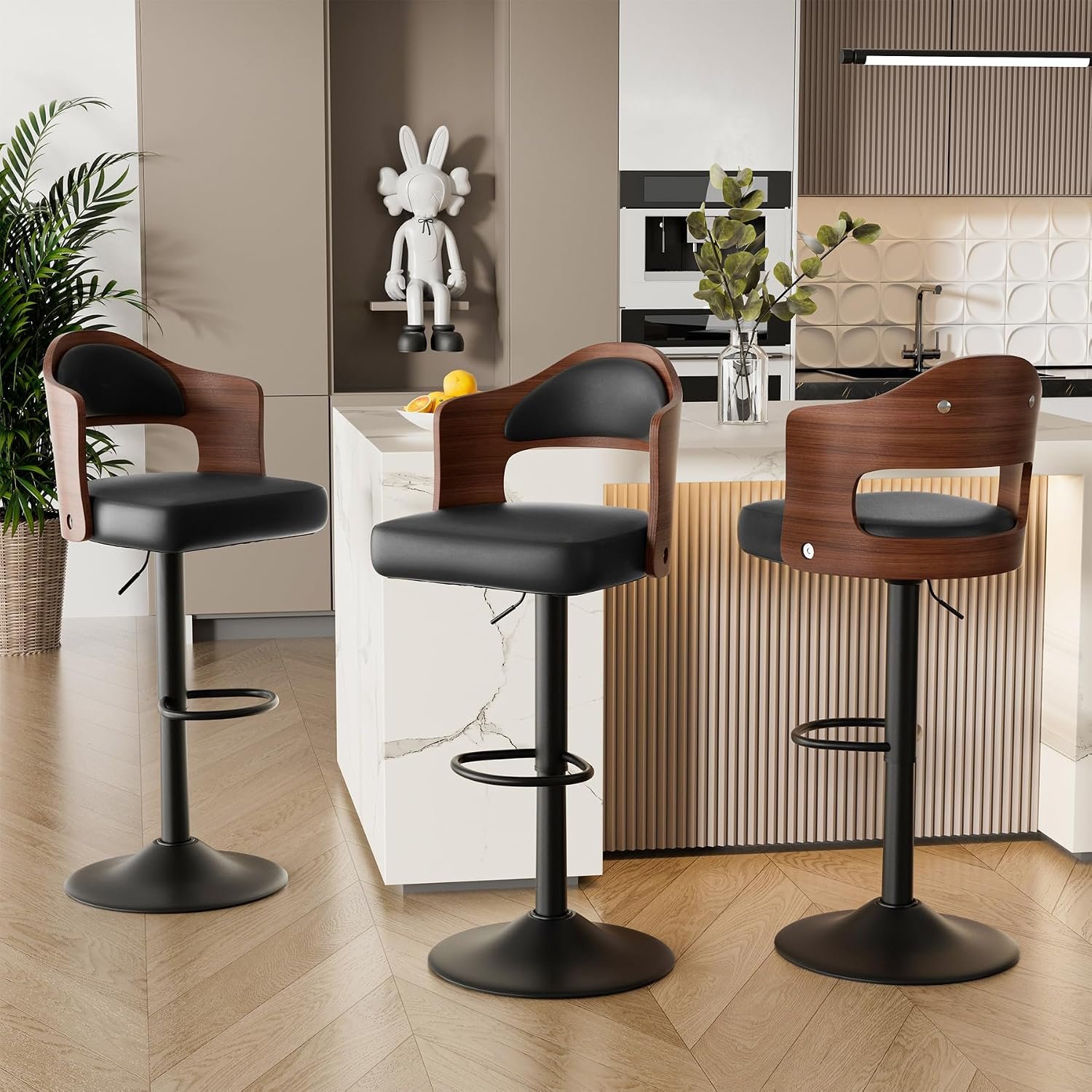 Swivel Bar Stools Set of 3,Bentwood Adjustable Height Barstools | Upholstered Seat,Easy-Clean PU Leather,Back& Footrest, Mid Century Modern Bar Chair for Counter, Kitchen Island, Black