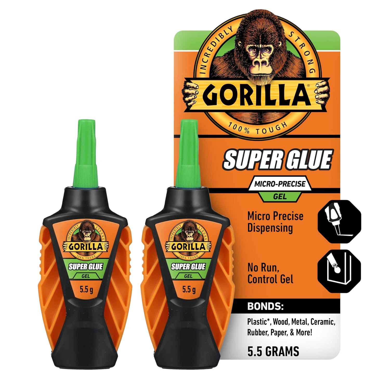 Gorilla Micro Precise Super Glue Gel, Clear, Cyanoacrylate, 5.5g, 2-Pack | Fast Setting, Anti-Clog Cap, Precise Dispensing Tool